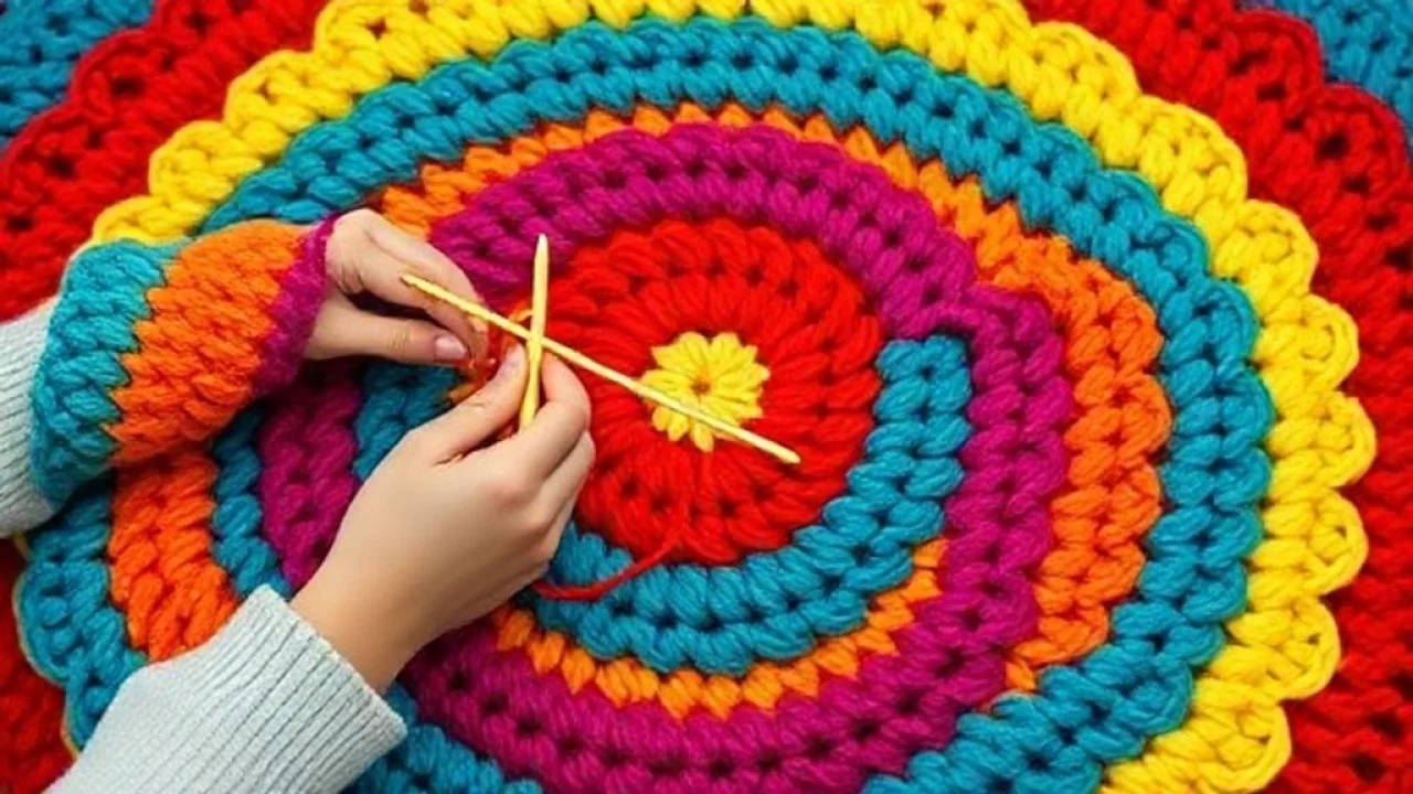 Close-up shot of hands crocheting a vibrant round rug using colorful yarn, professional studio Mãos habilidosas crocheteando tapete redondo colorido com fio de algodão.