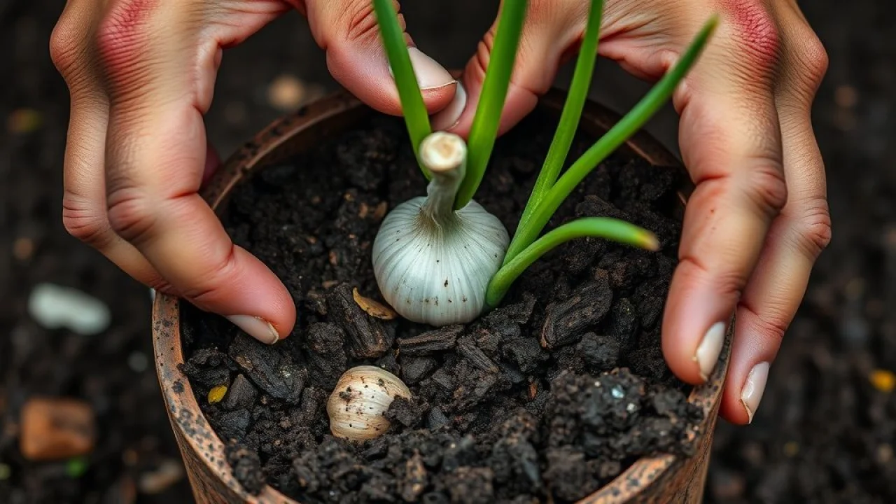 Close-up shot of hands planting a garlic clove in a small pot filled with fertile soil. Mãos plantando dente de alho em vaso com terra vegetal.