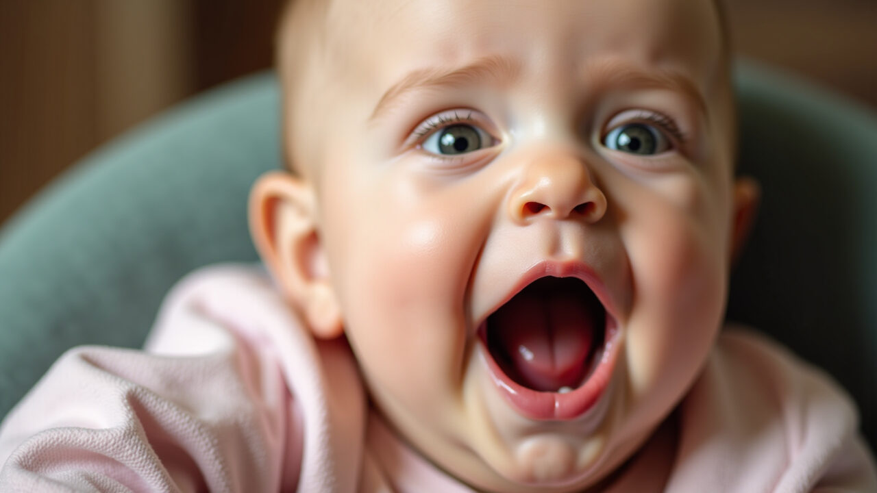 Close-up shot of mashed pitaya being offered to a baby. Focus on the baby's face, healthy and happy Bebê experimentando pitaya amassada pela primeira vez.