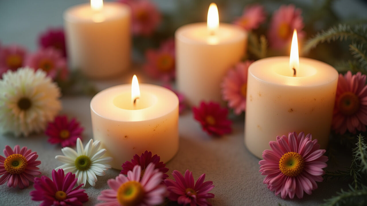 Vela decorada com flores secas coloridas, estilo romântico.
