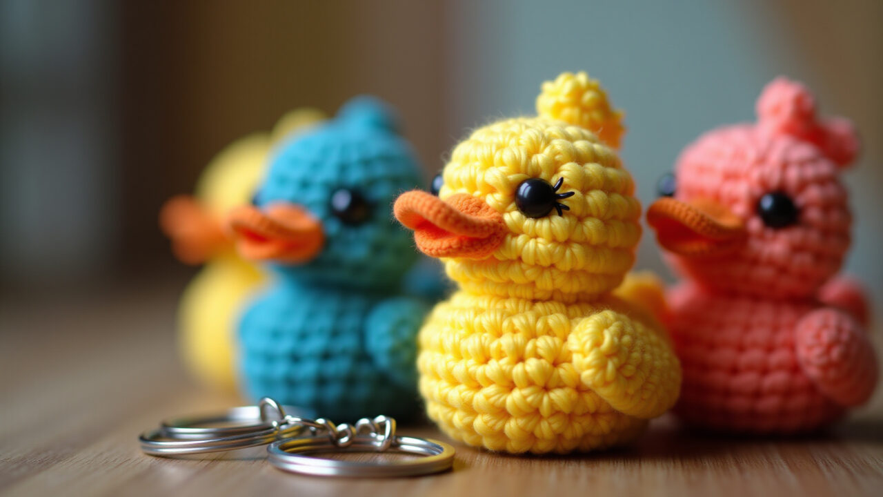 Close-up, vibrant amigurumi duck keychain, Brazilian style, crochet details, bokeh background, Chaveiro de amigurumi patinho colorido