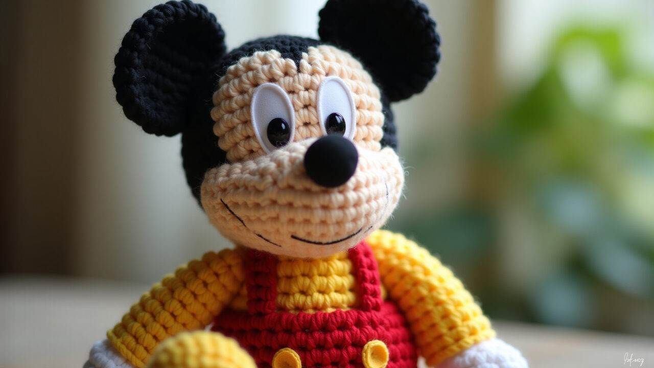 Close-up, vibrant amigurumi Mickey Mouse, crocheted with love, Brazilian artisan style, natural Amigurumi do Mickey Mouse feito à mão para o Dia das Crianças.