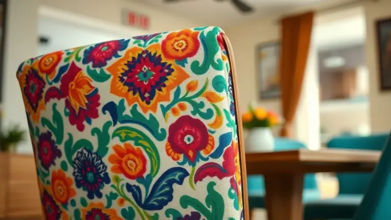 Capa colorida e estampada em cadeira de sala de jantar, renovação acessível.