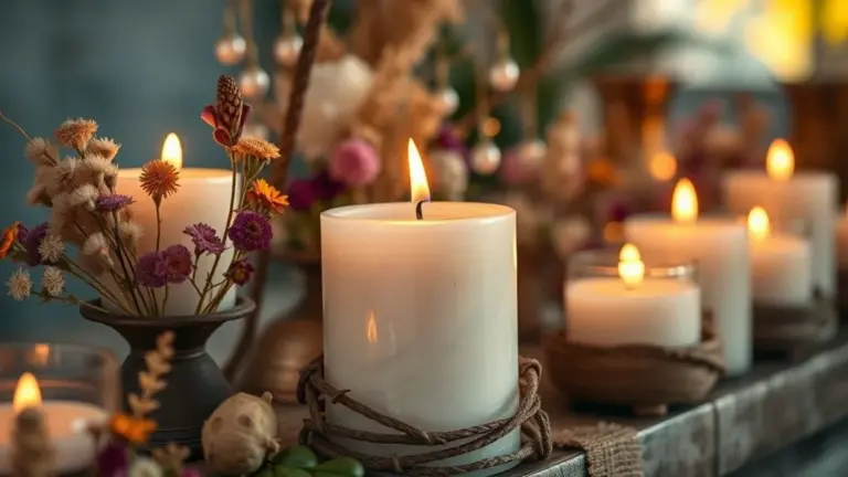 Artesanato com velas: velas decoradas com flores secas, porta-velas rústicos e velas aromáticas.