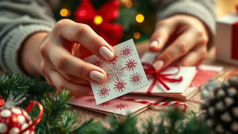 Mãos criando cartões de Natal artesanais com glitter e fitas coloridas em ambiente festivo.