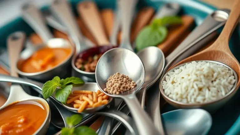 Variedade de colheres: sopa, sobremesa, chá, café, madeira, silicone, medidora e arroz, dispostas artisticamente.