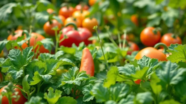 Horta caseira vibrante com diversas hortaliças fáceis de cultivar.