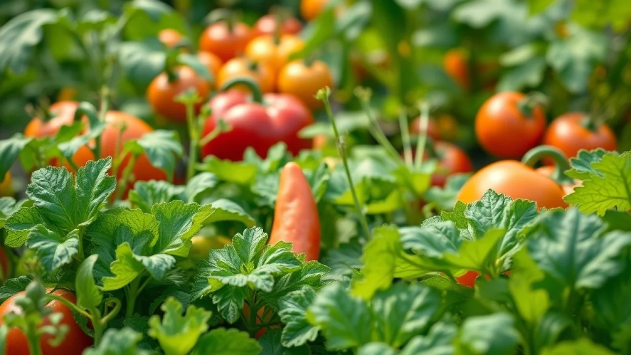 Horta caseira vibrante com diversas hortaliças fáceis de cultivar.