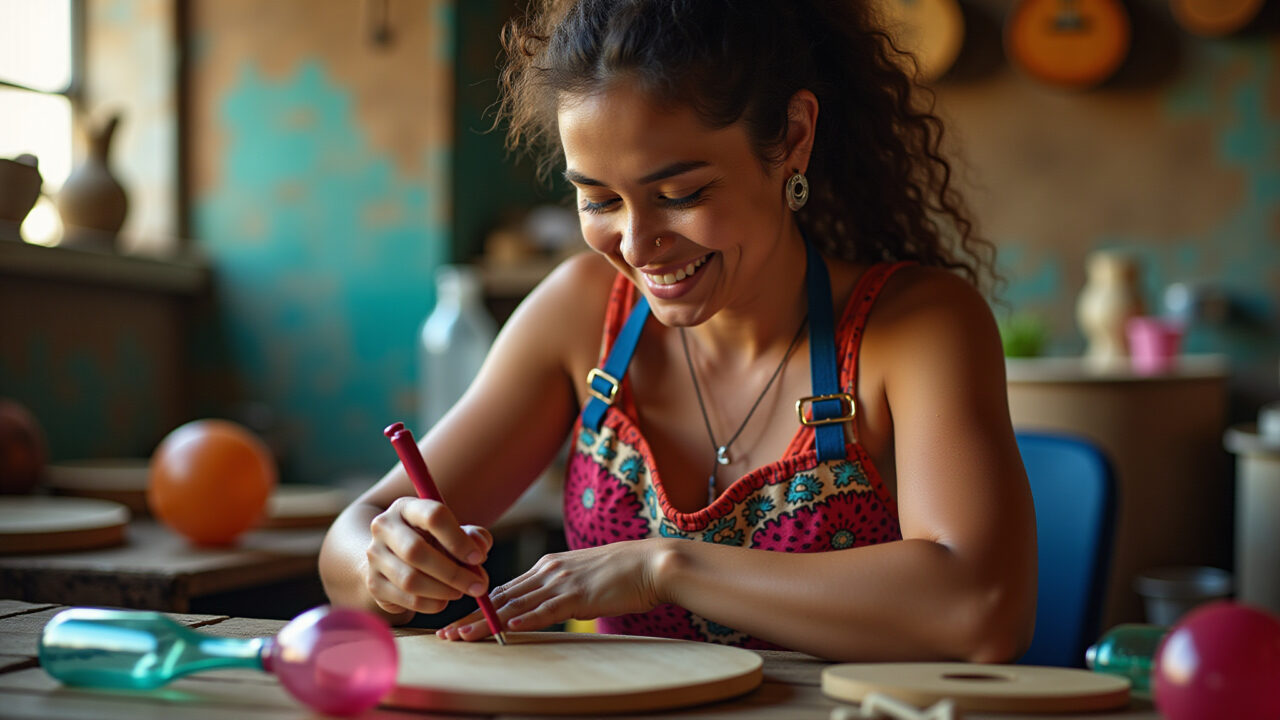 Mulher criando chocalho de garrafa PET em ateliê vibrante.
