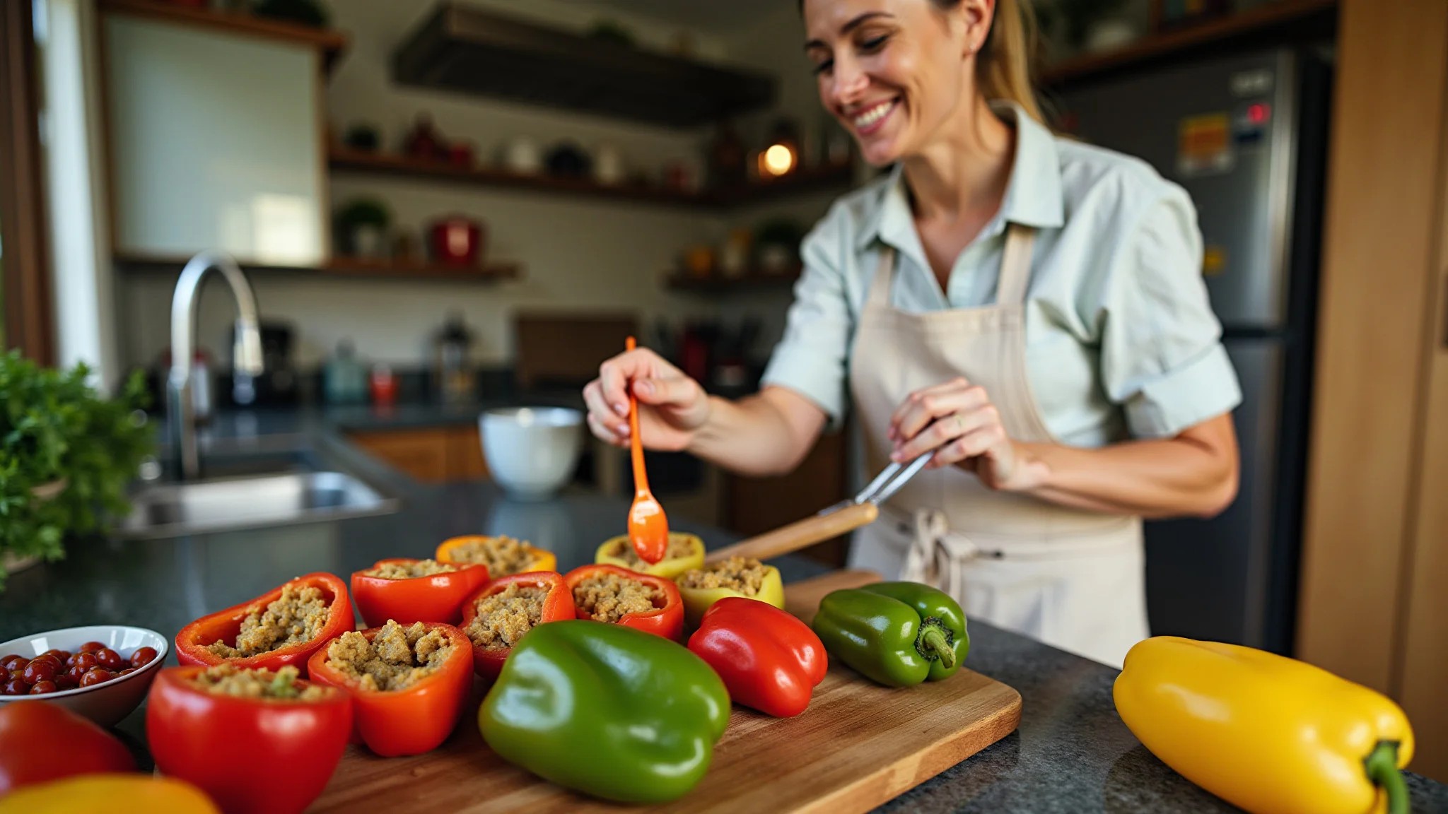 Mulher preparando pimentões recheados em cozinha alegre e ensolarada.