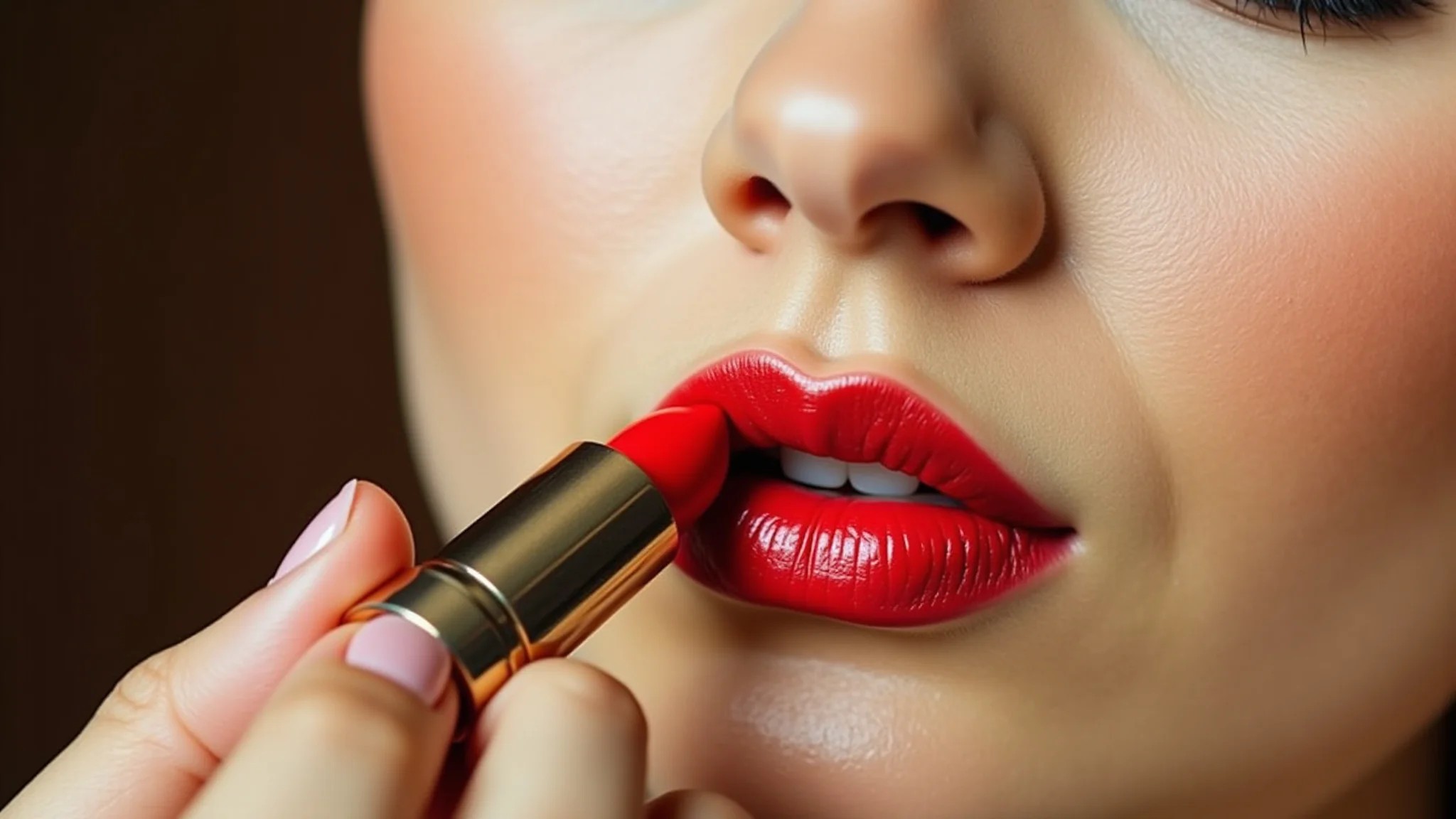 Close-up de mulher aplicando batom vermelho vibrante, representando paixão e energia.