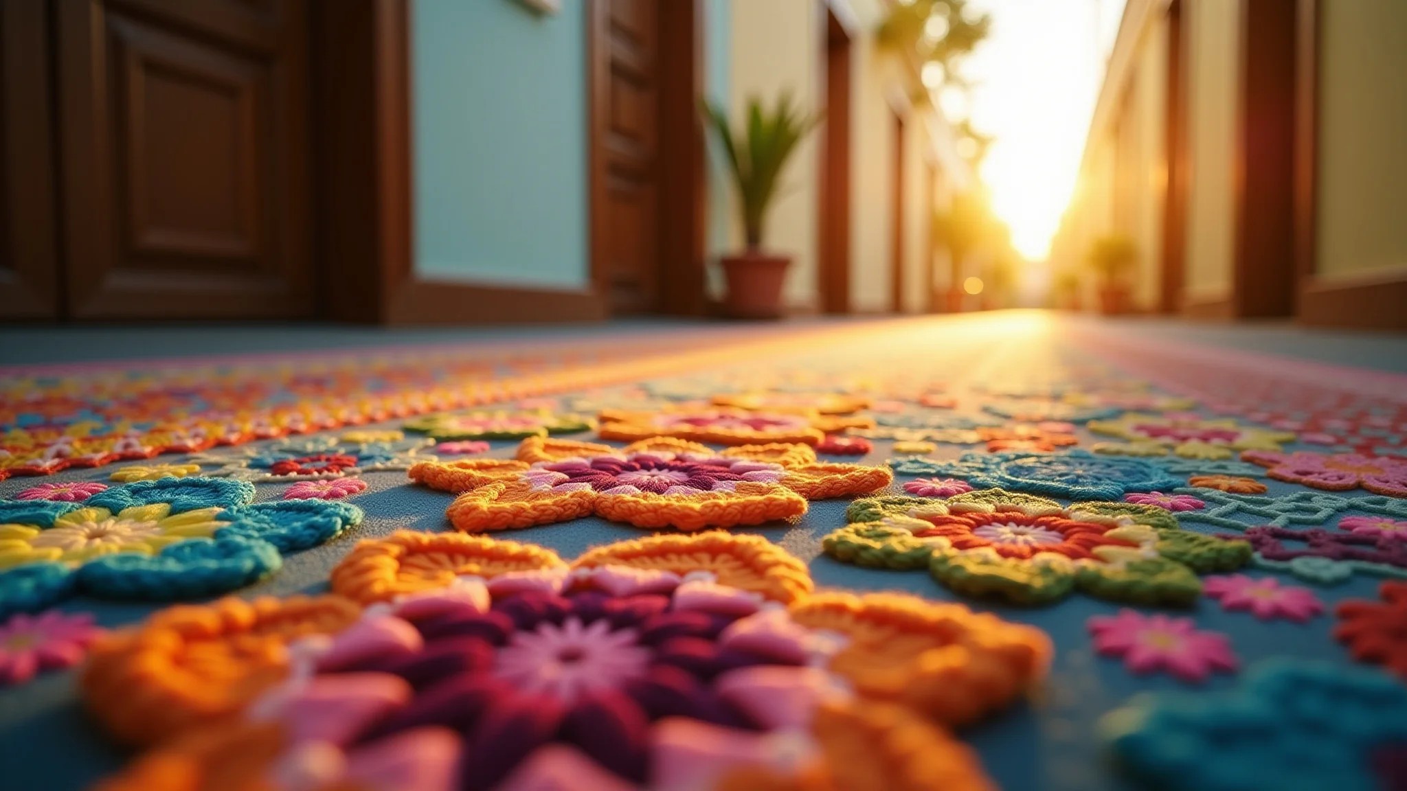 Detalhe de passadeira de crochê colorida em corredor, design brasileiro, luz dourada suave.