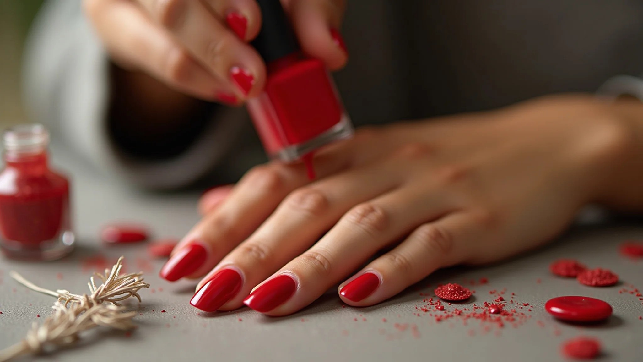 Close-up de mãos aplicando esmalte vermelho para o Ano Novo, foco na cor vibrante.