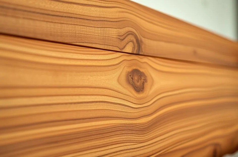 Detalhe de cabeceira de madeira com textura natural e acabamento impecável.