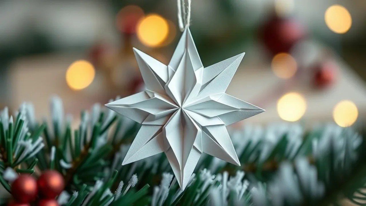 Cartão de Natal com estrela de origami detalhada.