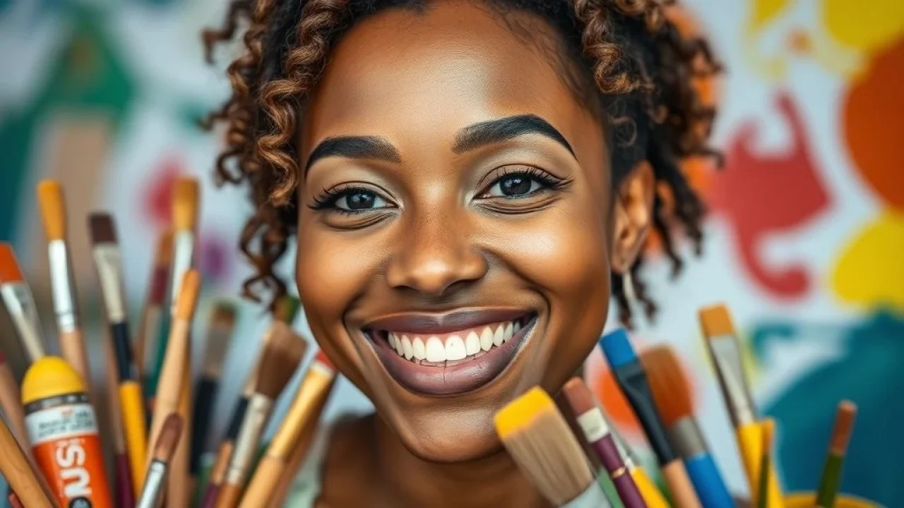 Mulher sorrindo com tintas coloridas, representando a alegria da criação artística.