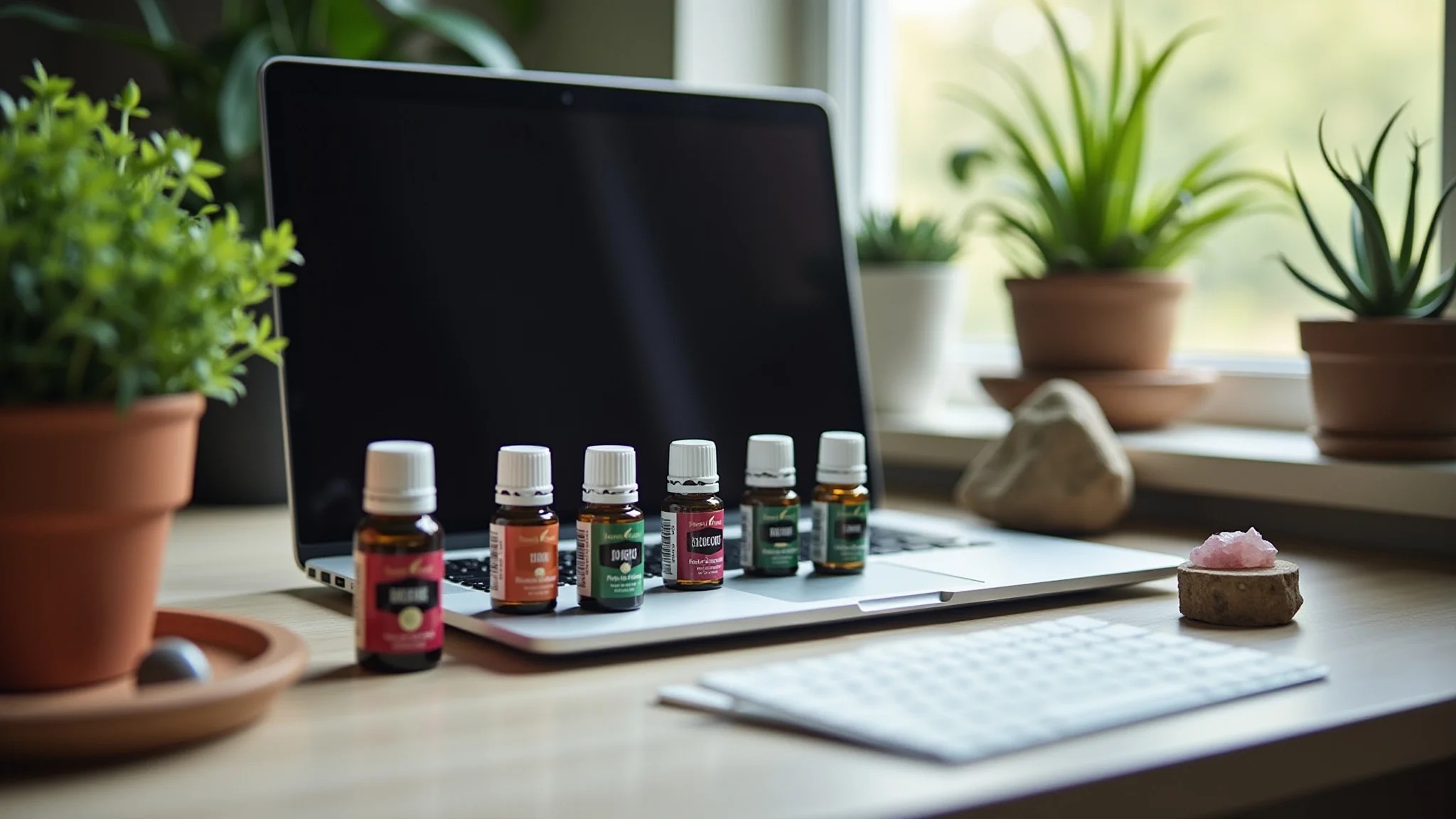 Detalhe de mesa feng shui com cristais, plantas, óleos essenciais e laptop.