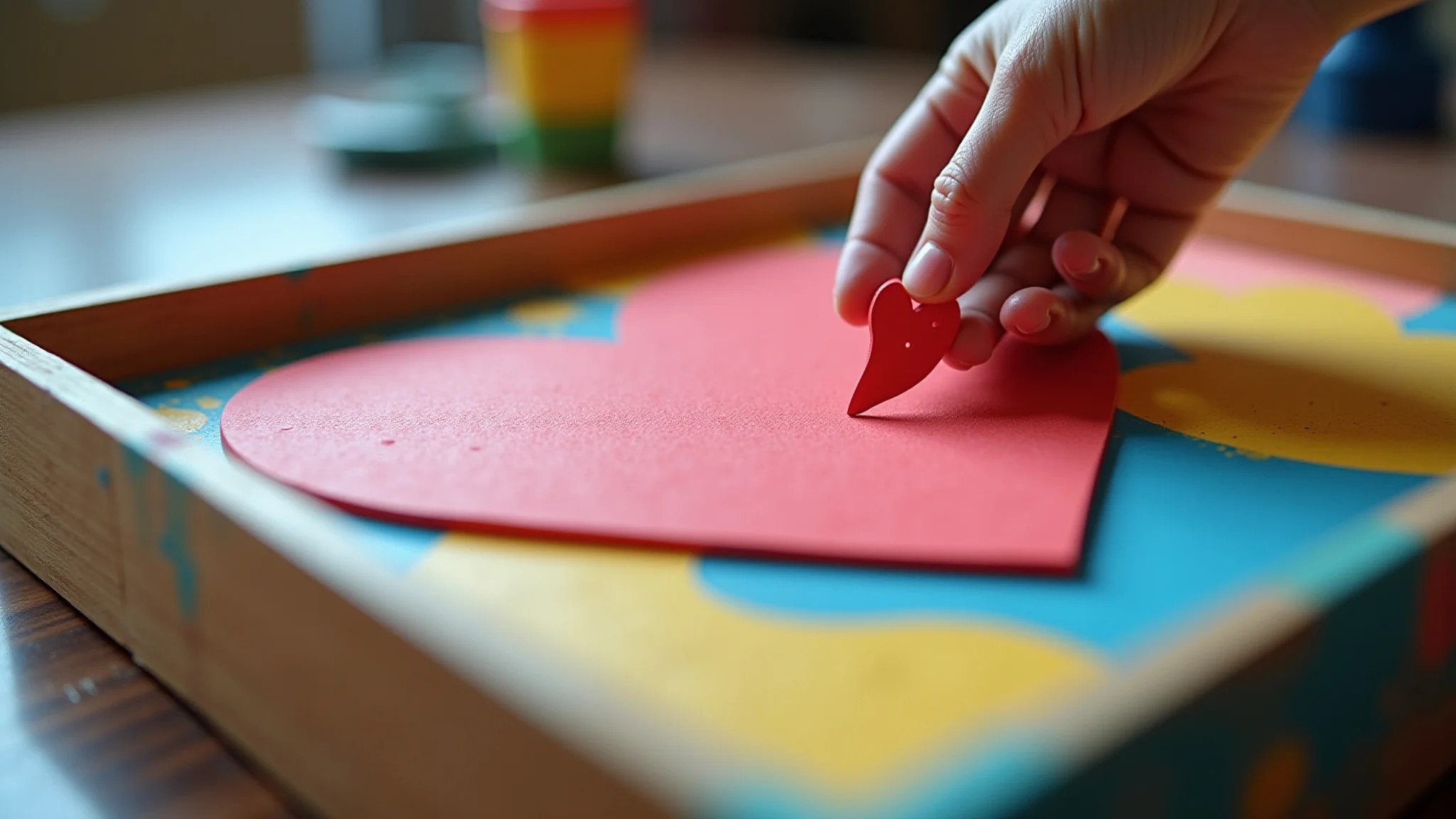 Molde de coração sendo usado para pintar caixa de madeira, cores vibrantes, artesanato brasileiro.