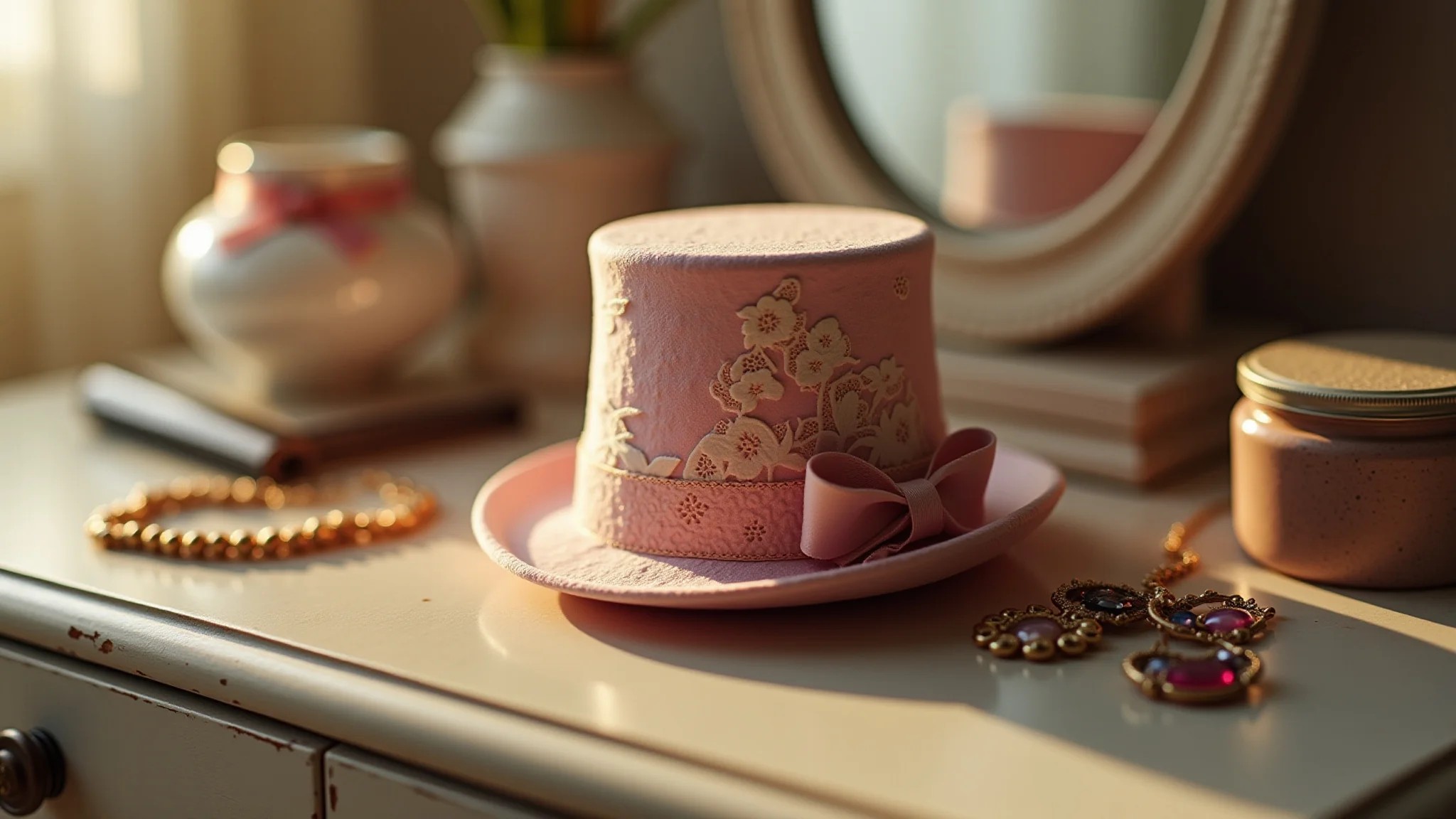 Mini top hat com renda e fitas em penteadeira vintage com joias.