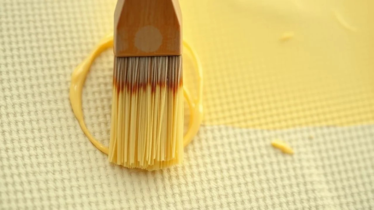 Pincel aplicando tinta amarelo pastel em tela texturizada, cores suaves.