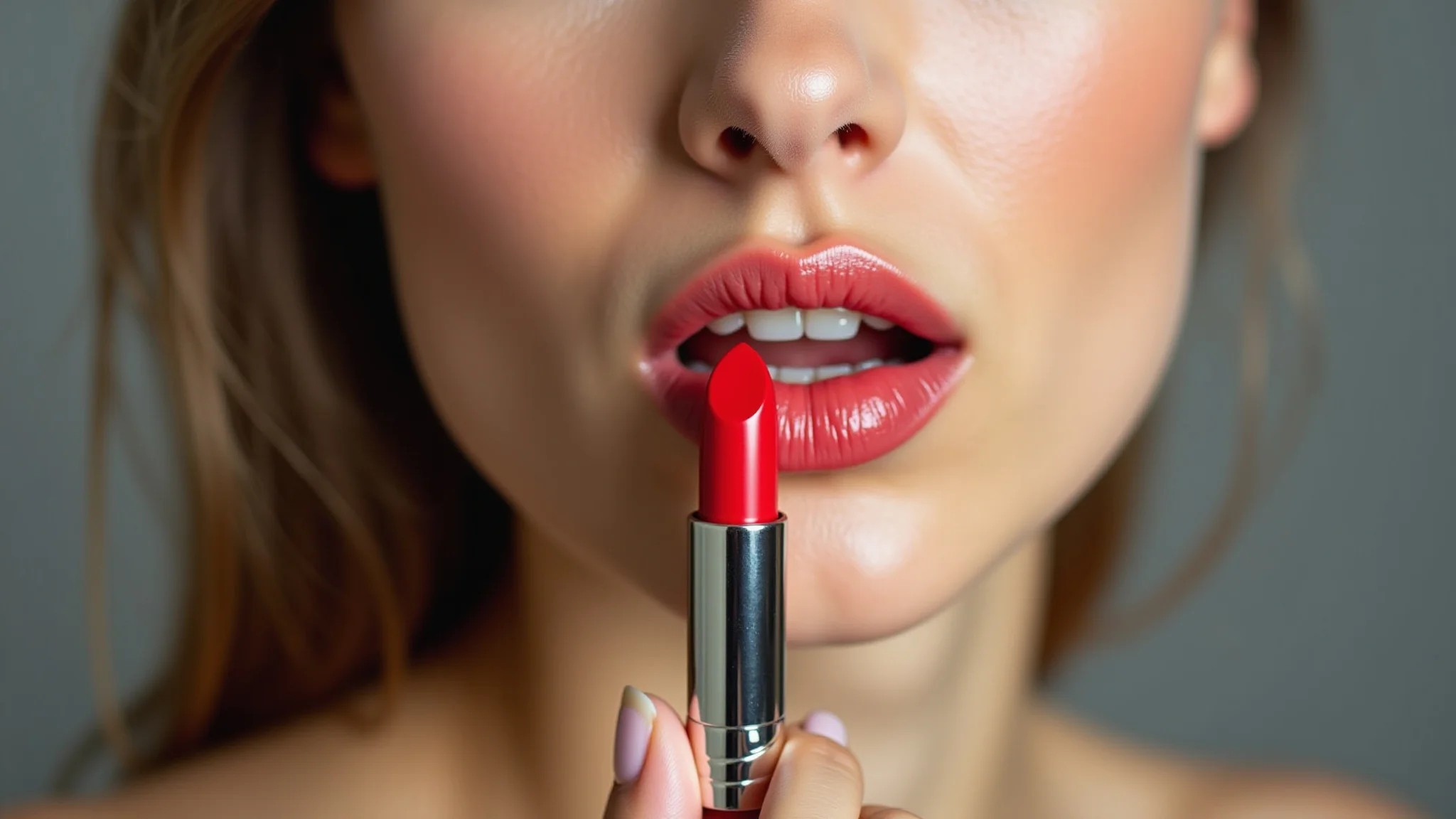 Close-up de mulher aplicando batom vermelho, foco nos lábios.