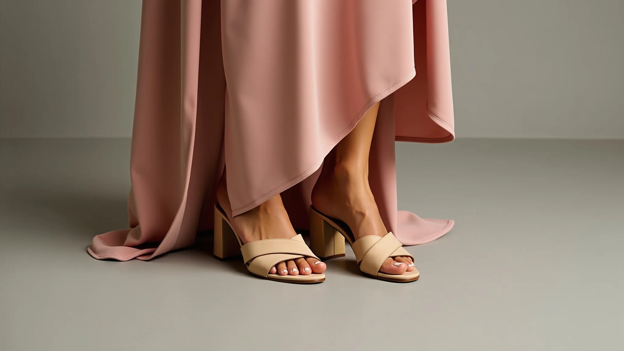 Pés de mulher com sandálias de salto bloco confortáveis e vestido longo.