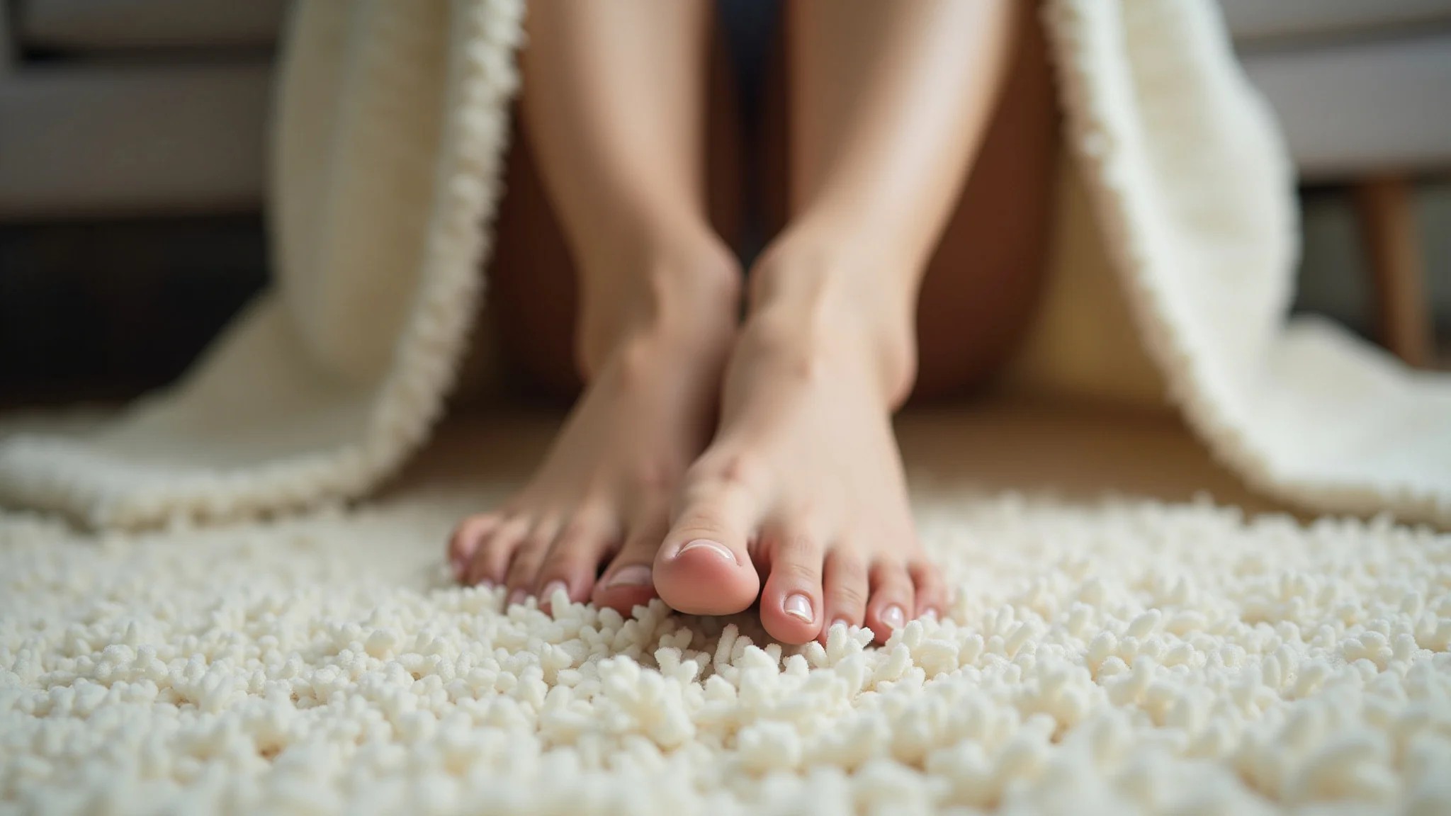 Pés femininos afundando em um tapete shaggy felpudo, textura macia e convidativa.