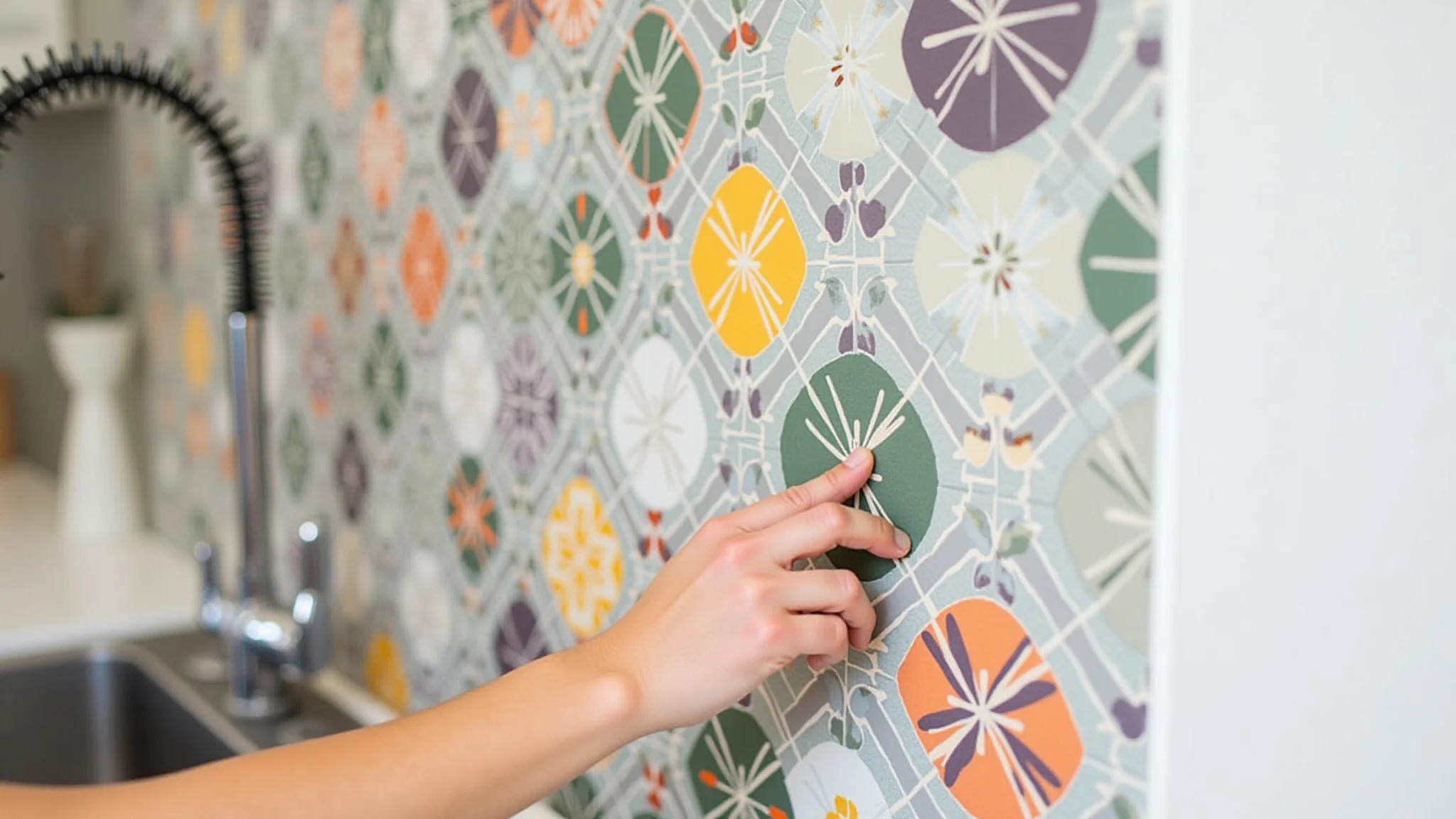 Adesivos de azulejo coloridos aplicados em backsplash de cozinha, reforma acessível.