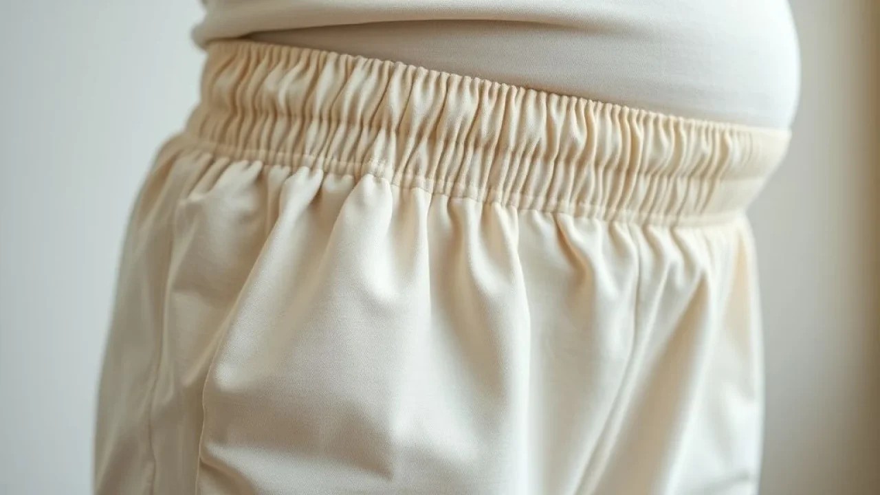Detalhe de calça gestante confortável, cós elástico, tecido macio.