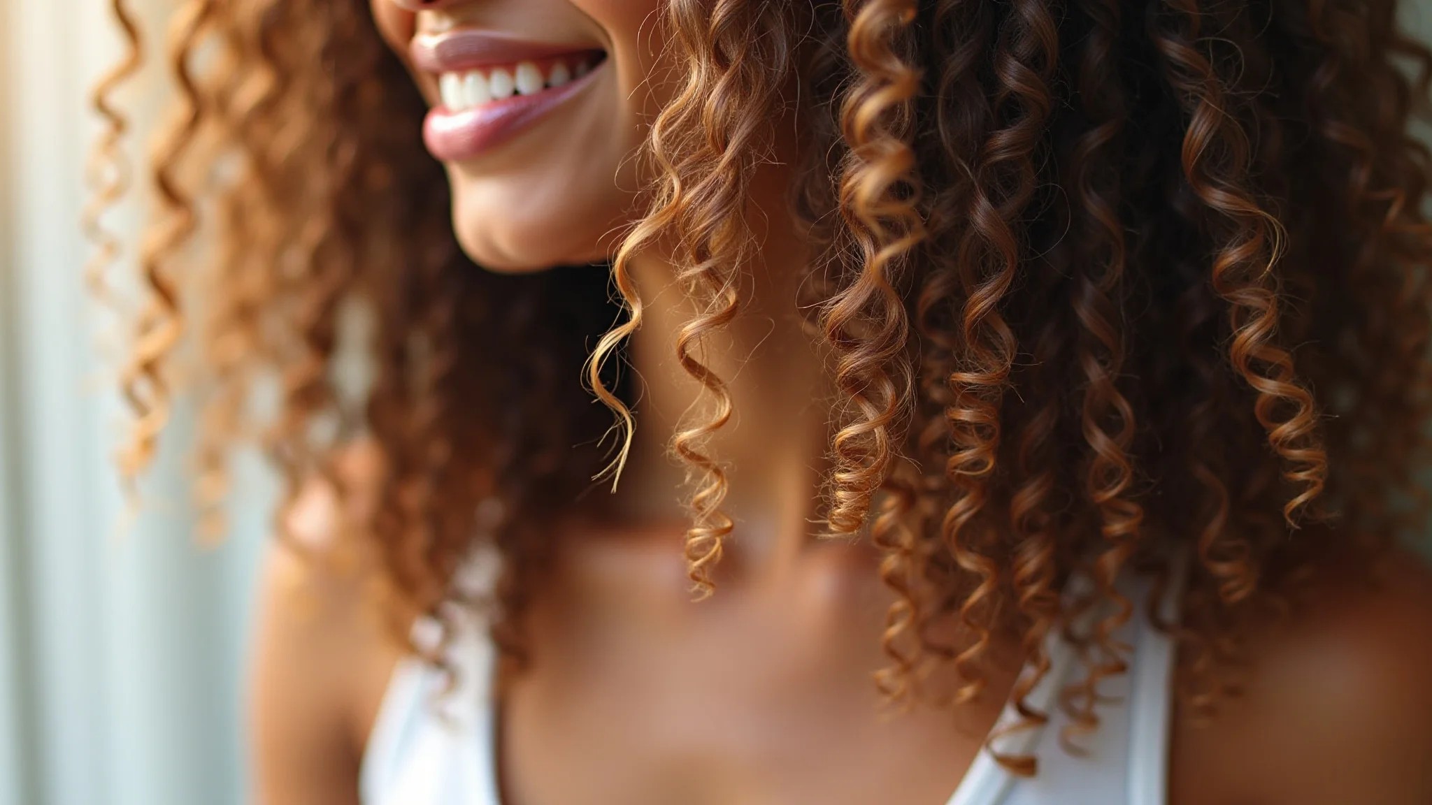 Cabelo cacheado definido após plopping, mostrando redução de frizz e cachos modelados.