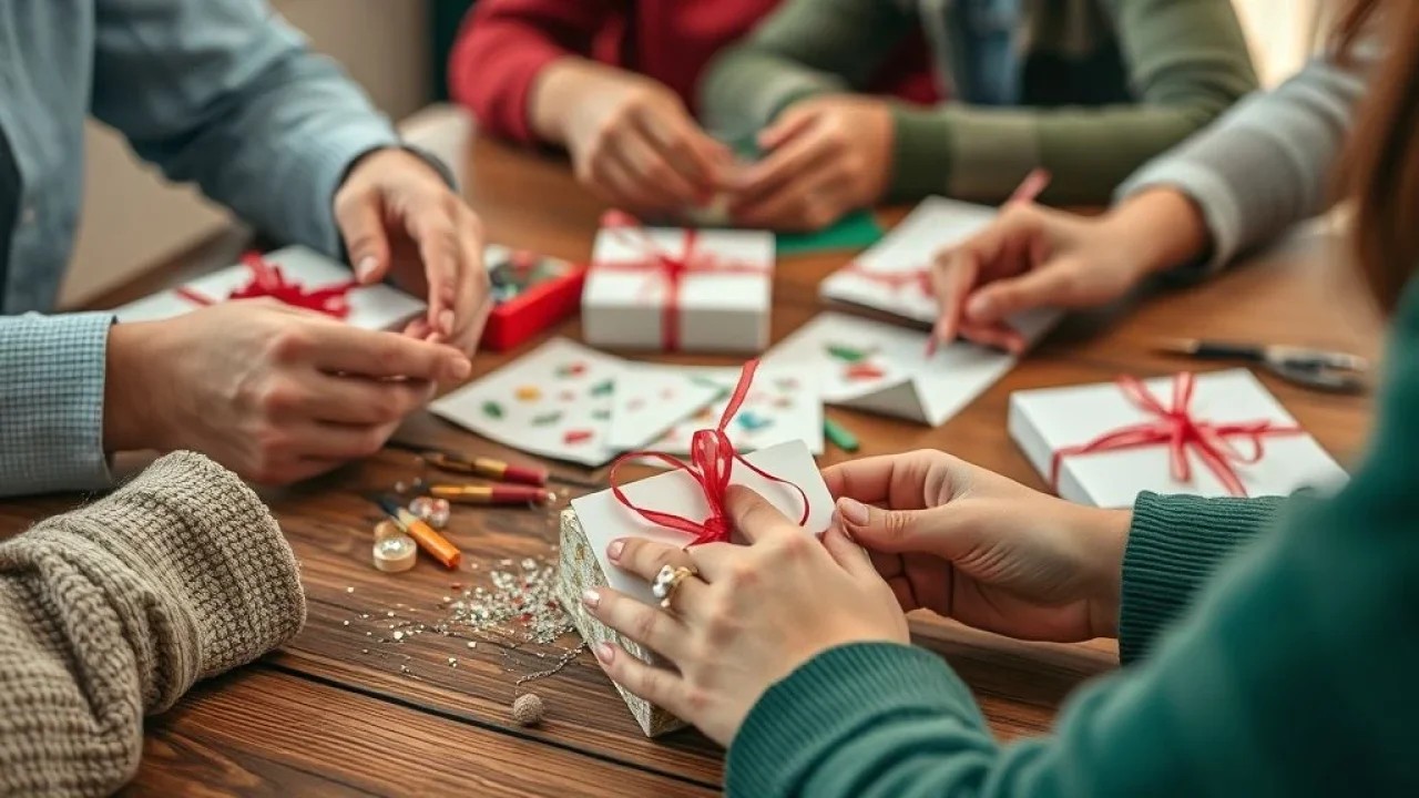 Mãos criando cartões de Natal artesanais com glitter e fitas coloridas.