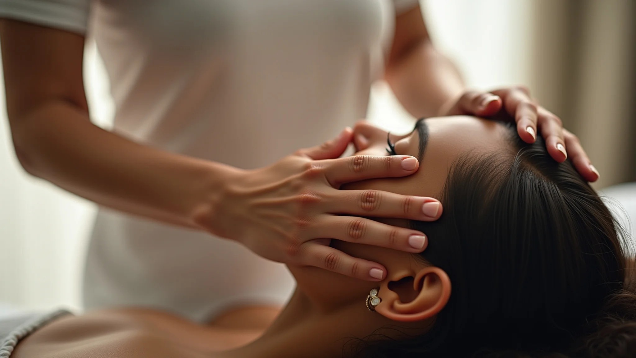 Mãos diversas massageando couro cabeludo com óleo natural.