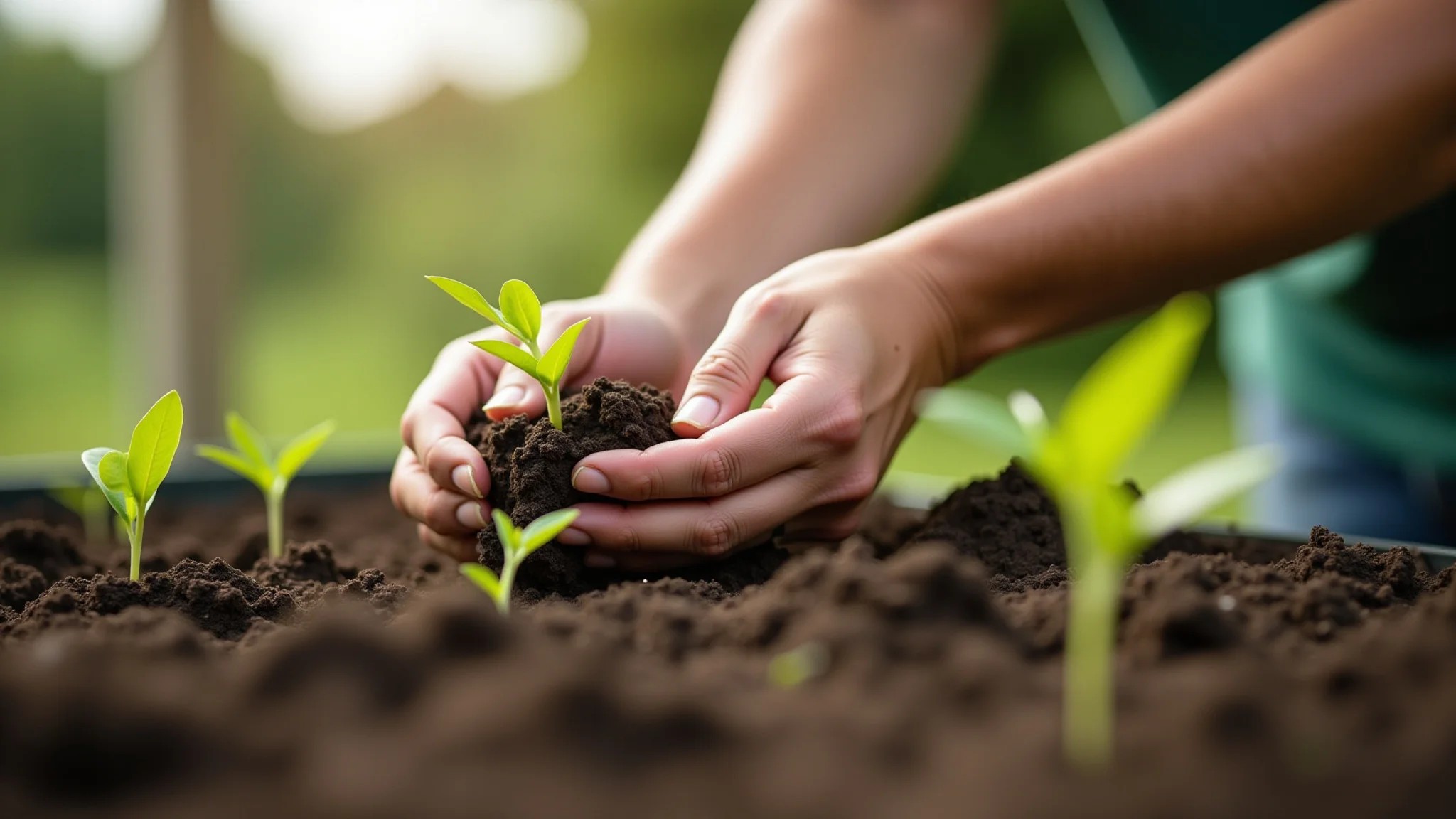 Mãos plantando mudas em jardim de casa de campo, vida sustentável.