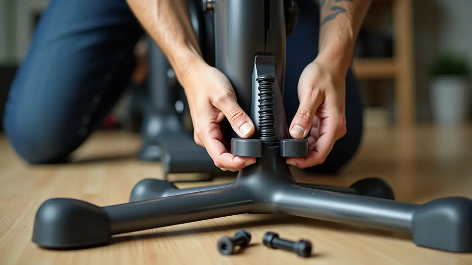 Detalhe das mãos apertando parafusos na base da bicicleta ergométrica.