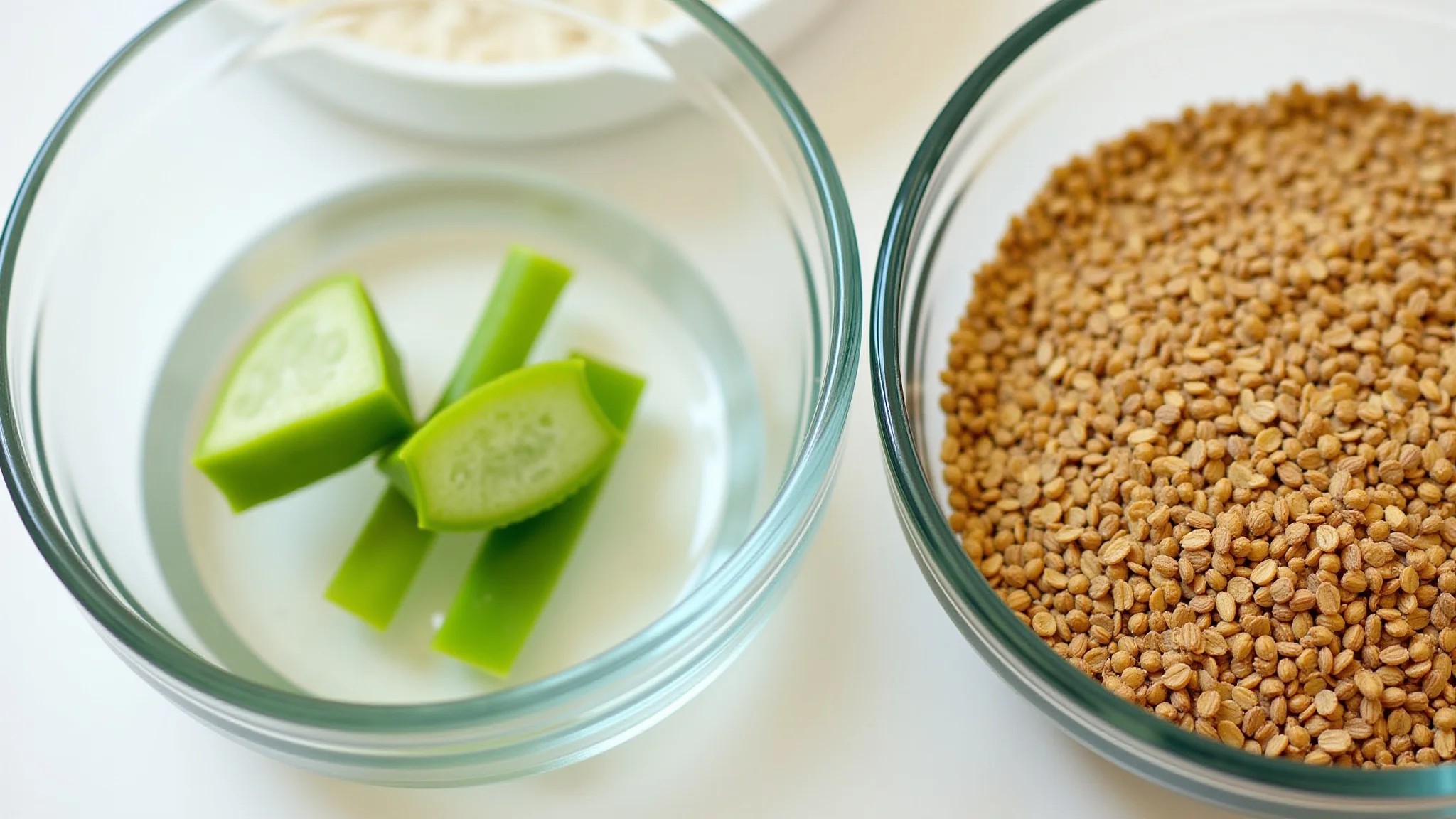 Ingredientes caseiros para ativador de cachos (aloe vera, linhaça) em potes de vidro.