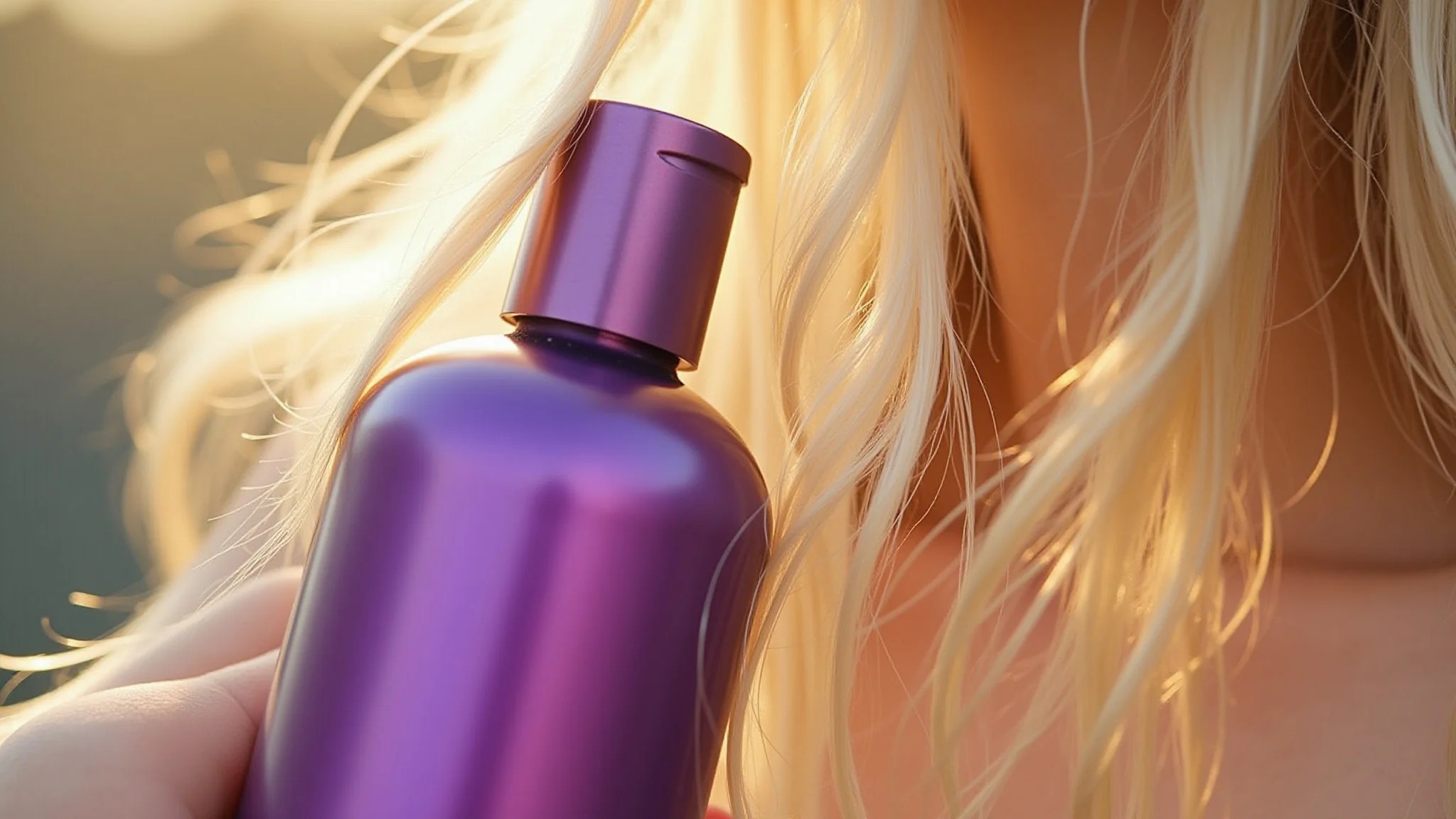 Close-up de frasco de shampoo roxo com mechas loiras, luz dourada suave.