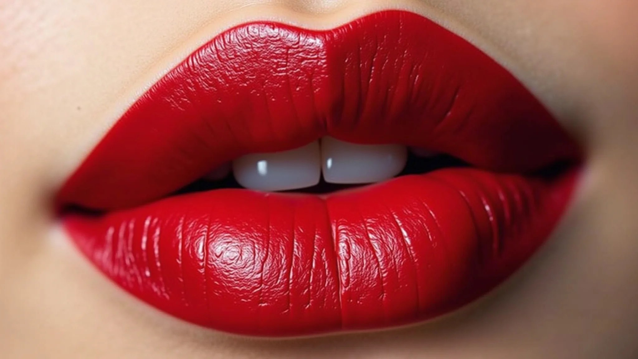 Close-up de batom vermelho matte, elegante e sofisticado.