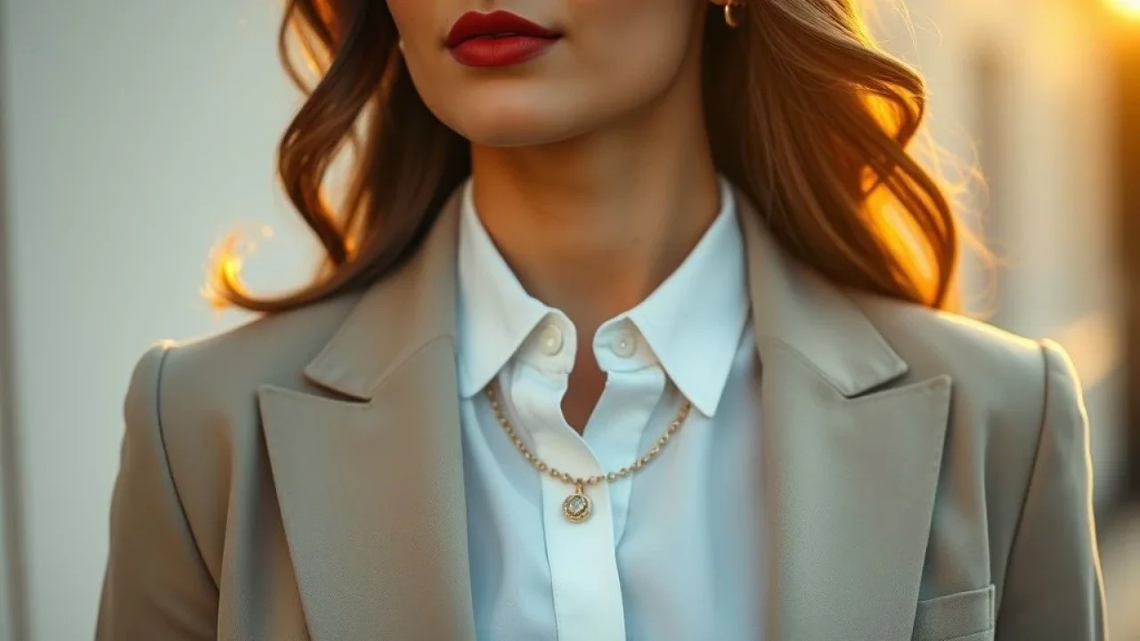 Close-up de mulher brasileira com camisa branca, blazer e joias elegantes. Peças atemporais.