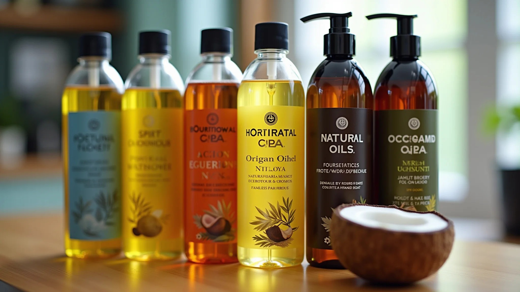Close-up de óleos naturais (coco, argan, oliva) exibidos com produtos de cuidado capilar.