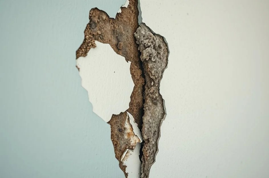 Parede com mofo e tinta descascando devido à umidade em casa brasileira.