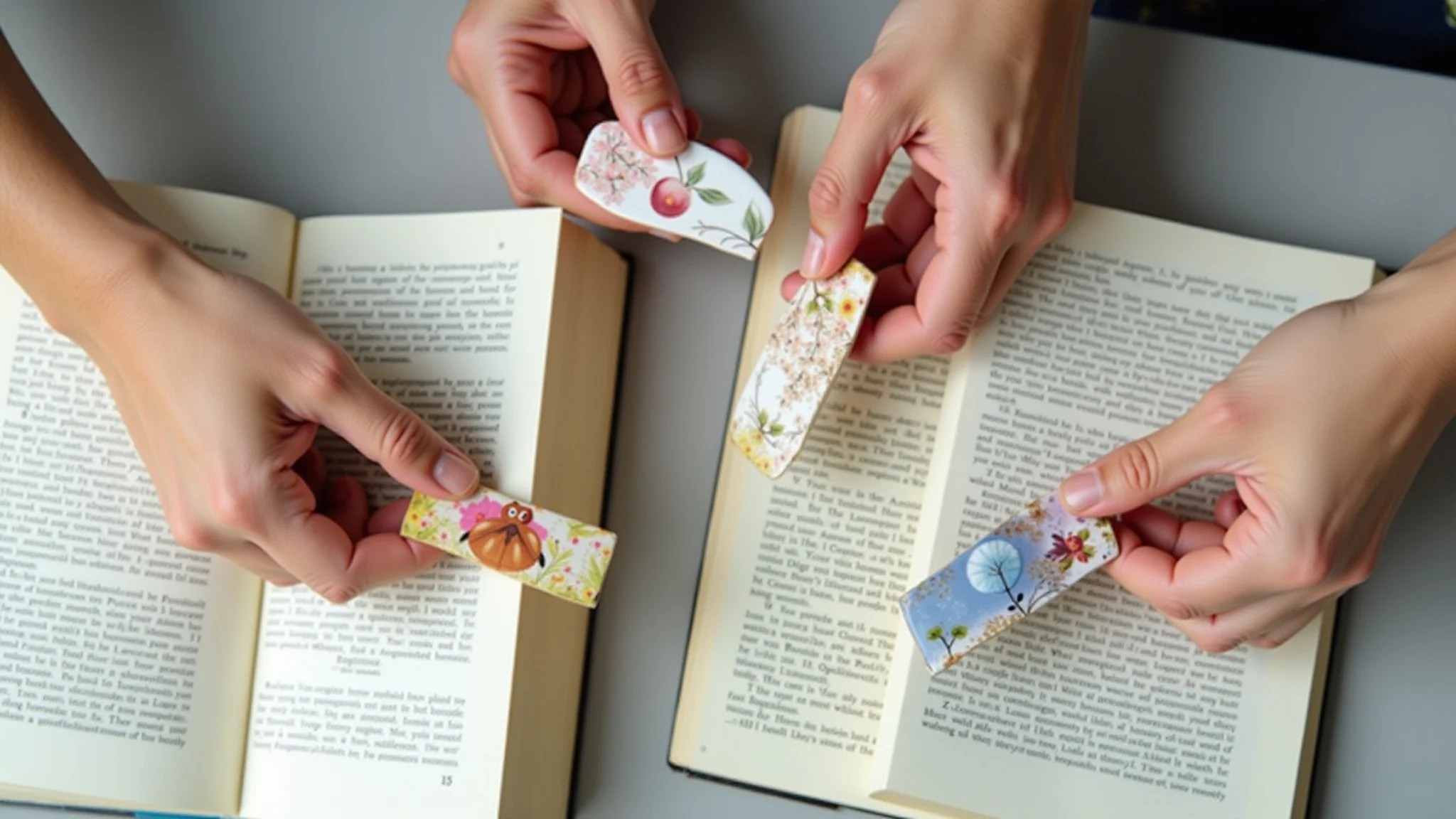 Mãos segurando marcadores de página de cerâmica fria personalizados sobre livros abertos.