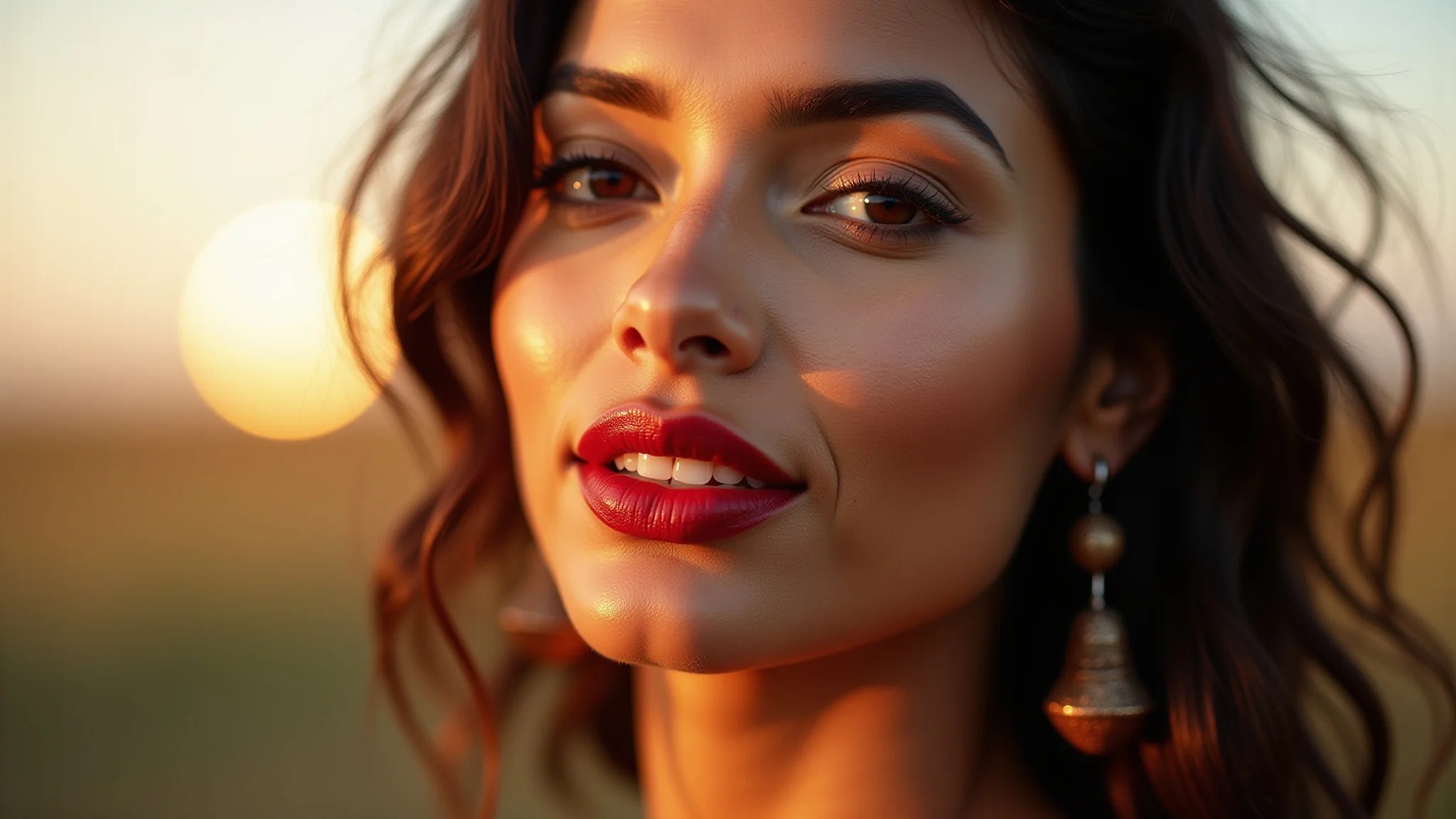 Mulher morena com pele radiante e batom vermelho vibrante, maquiagem impecável.