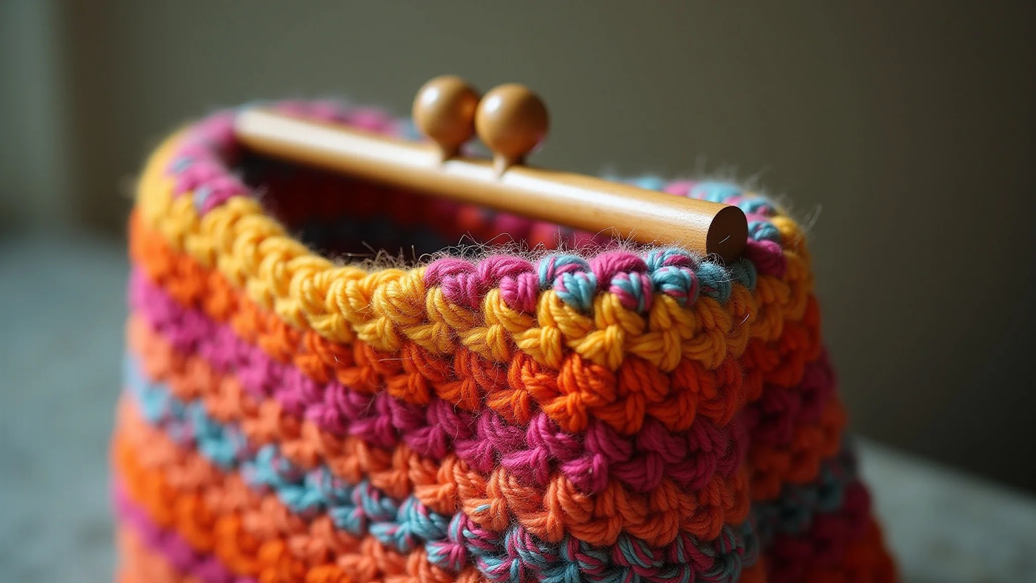 Bolsa de crochê colorida com alça de madeira, estilo artesanal brasileiro.