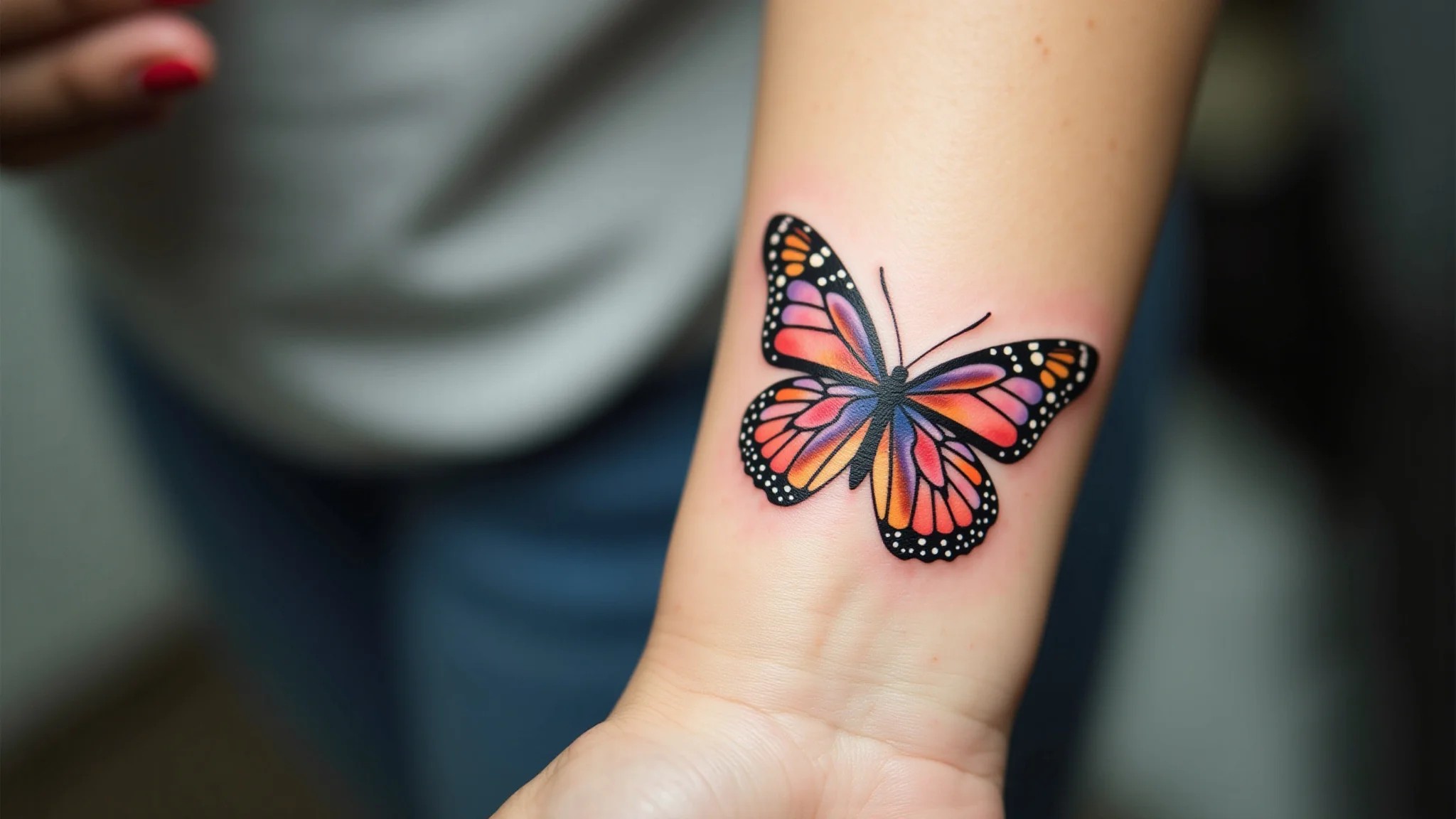 Close-up de tatuagem aquarela de borboleta delicada no pulso de uma mulher.