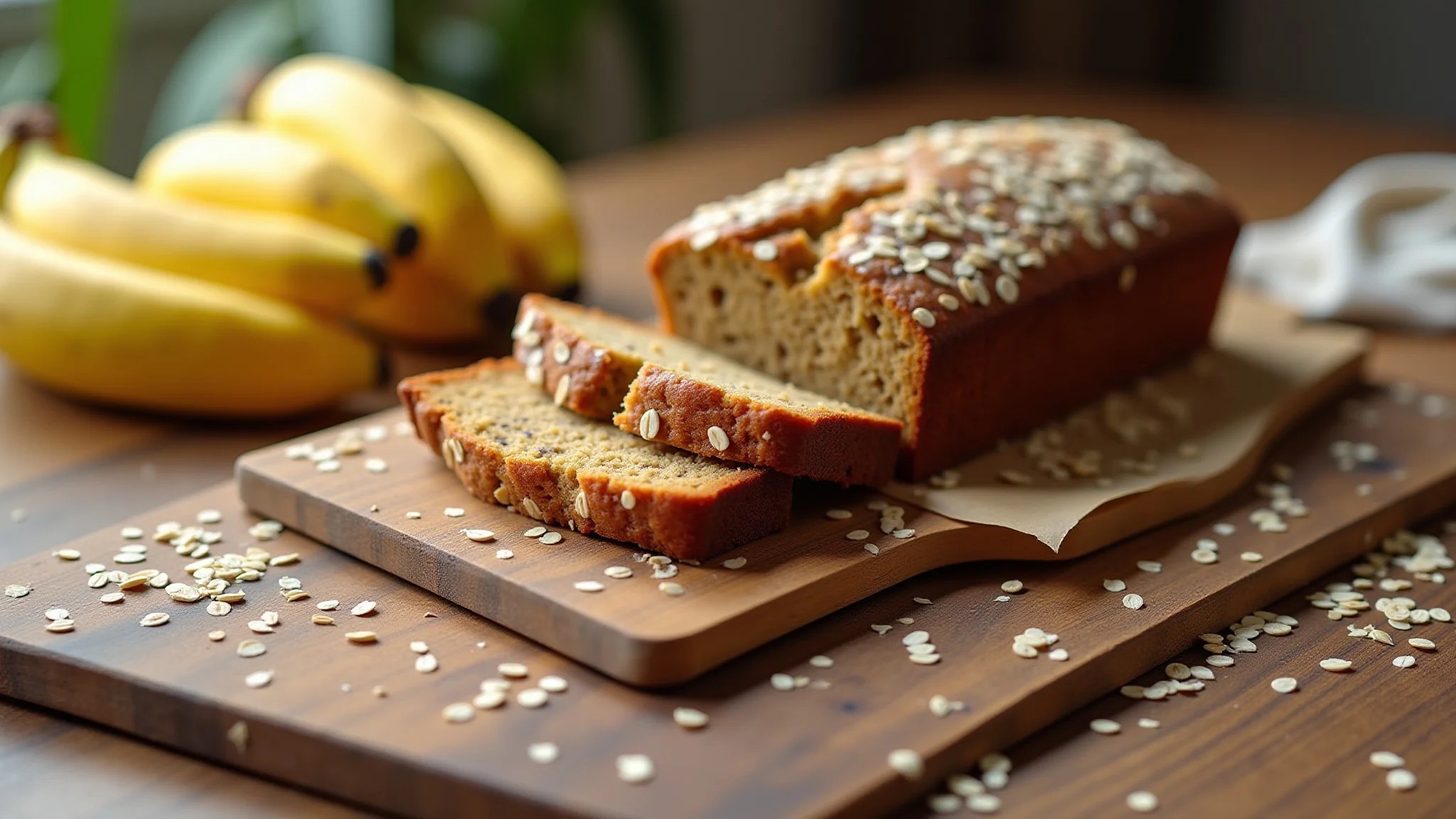 Bolo de banana com aveia rústico em mesa de madeira, bananas e aveia ao redor.