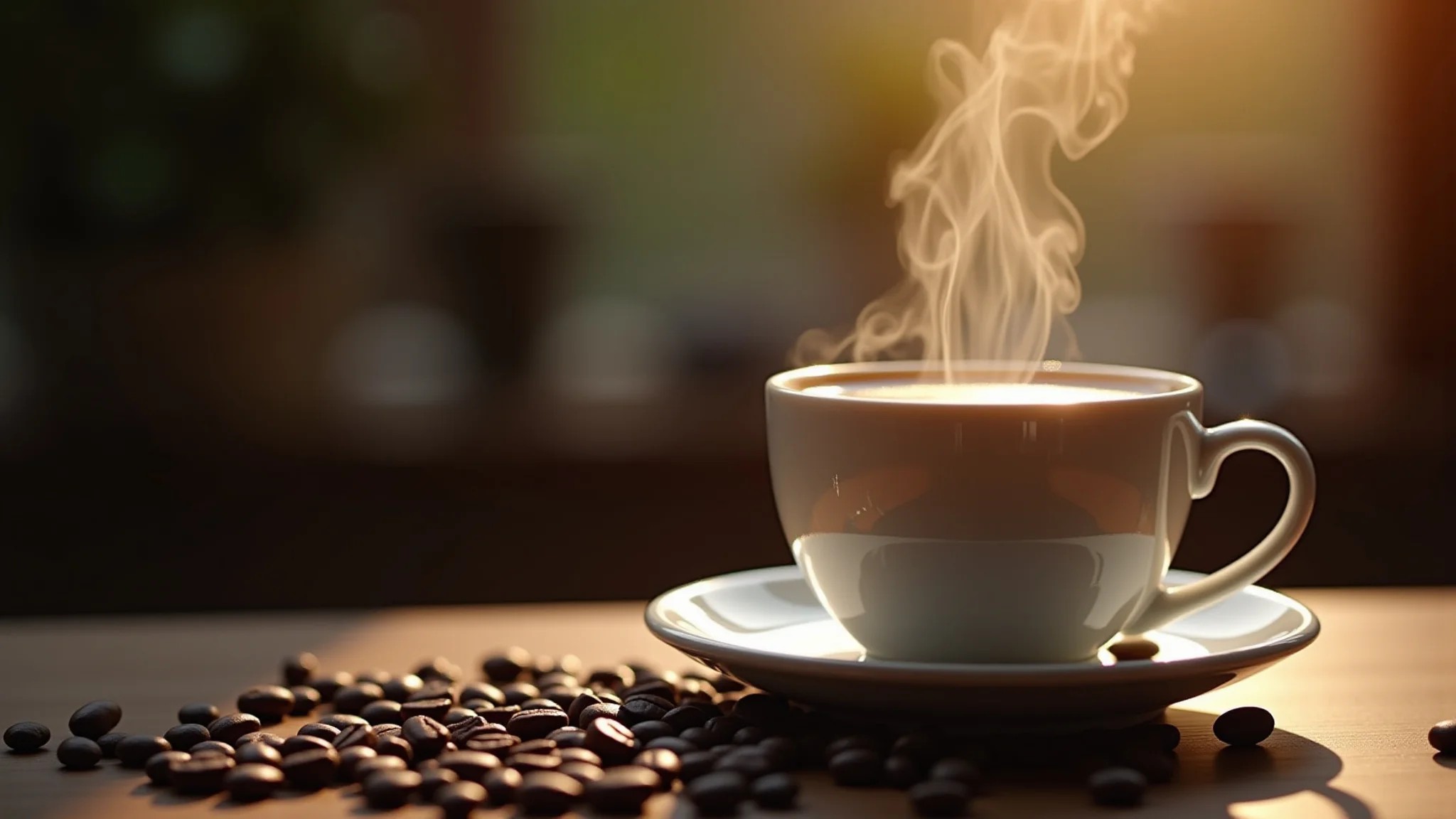 Xícara fumegante de café estilo 'cafezinho' brasileiro com grãos de café ao redor.