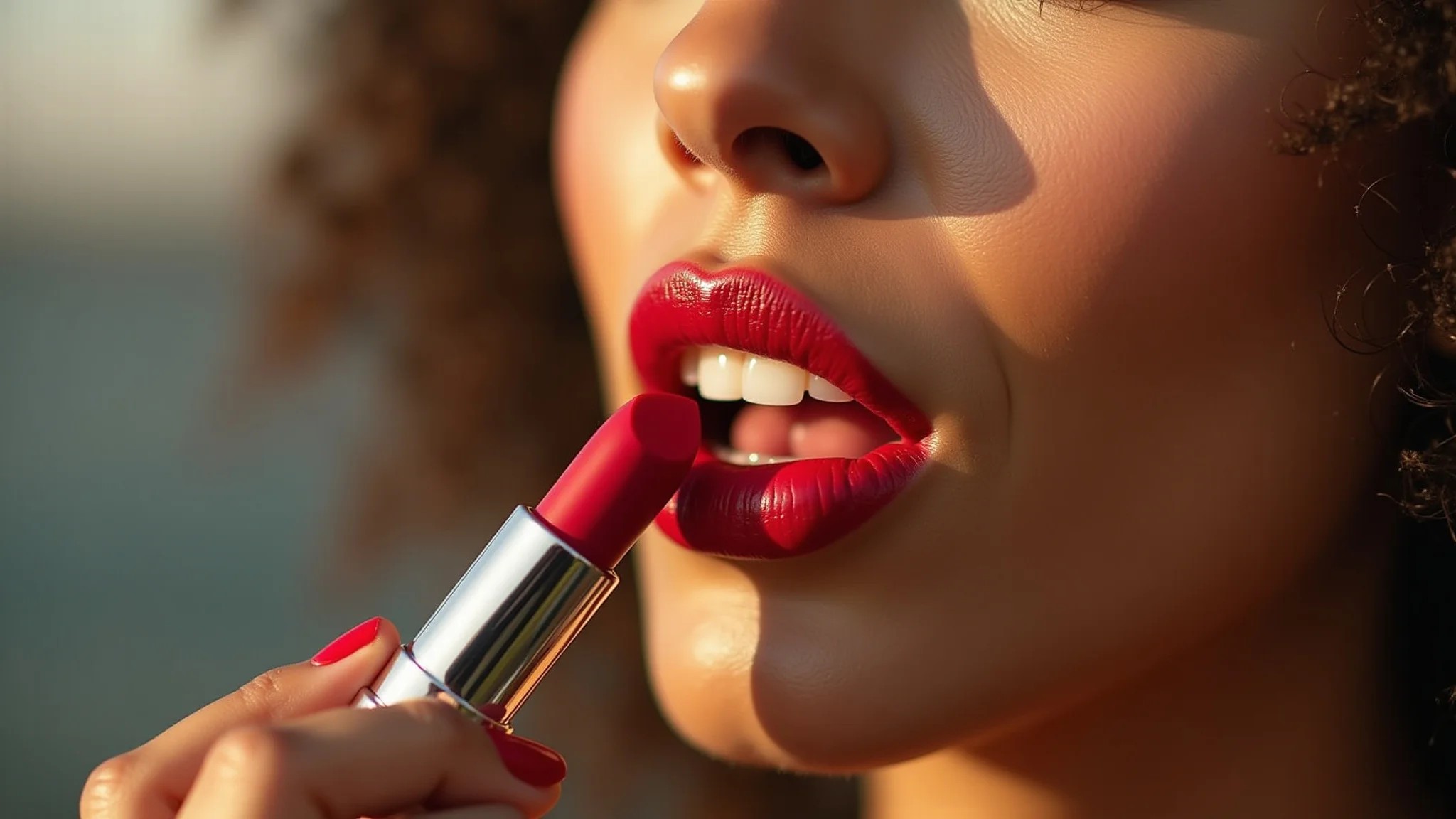 Mulher aplicando batom vermelho vibrante, maquiagem com cores primárias.
