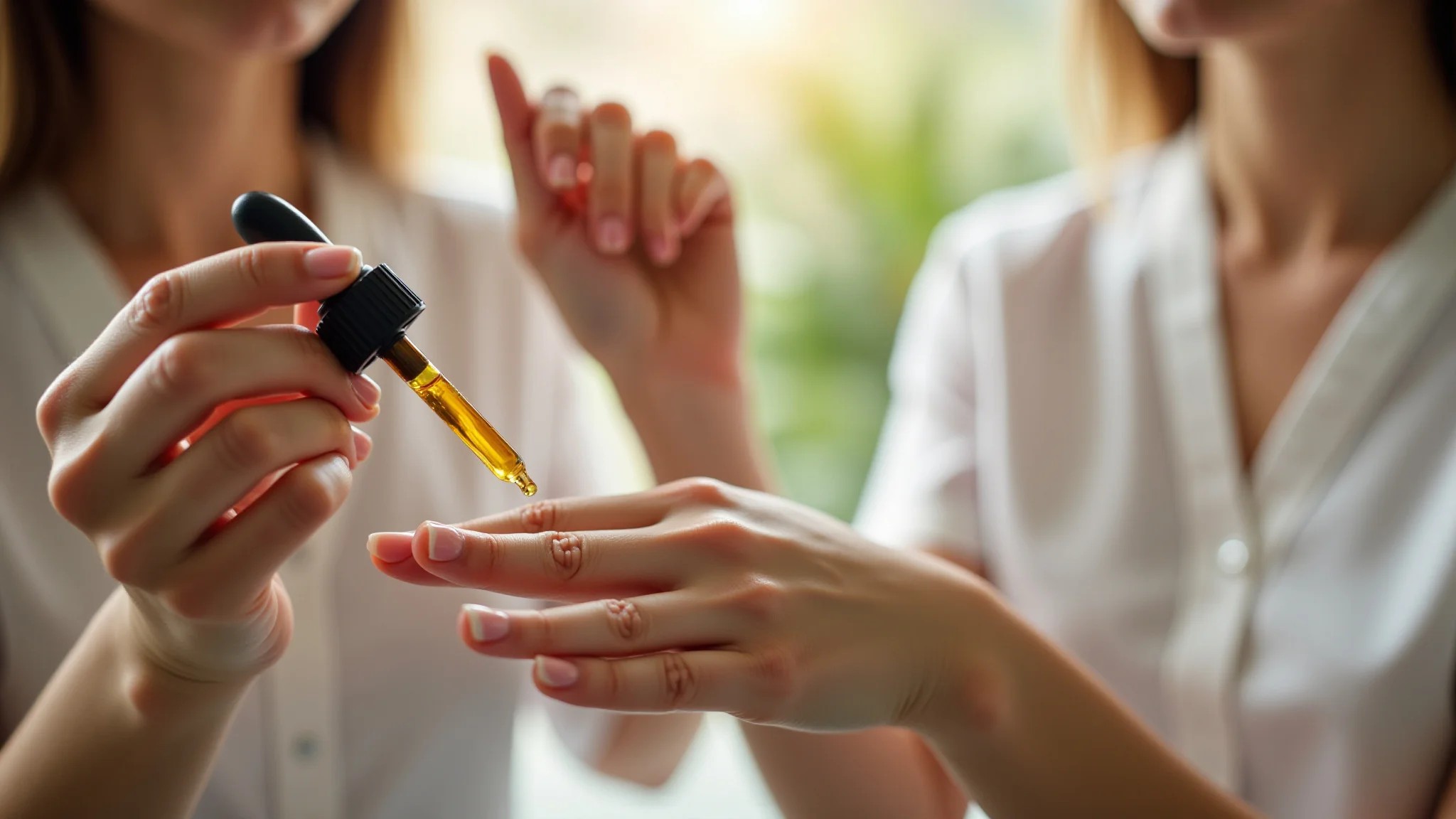 Mulher aplicando óleo de cravo nas unhas para fortalecimento e tratamento.