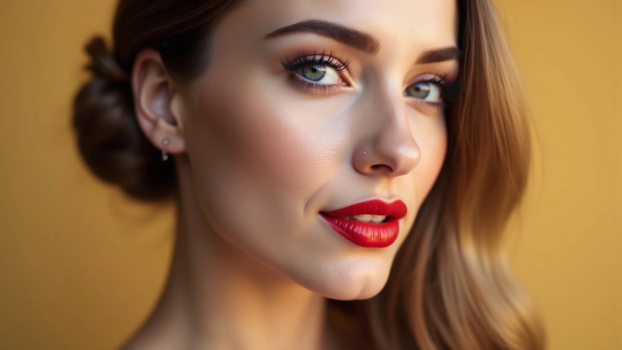 Close-up de mulher com maquiagem impecável para a noite e batom vermelho vibrante.