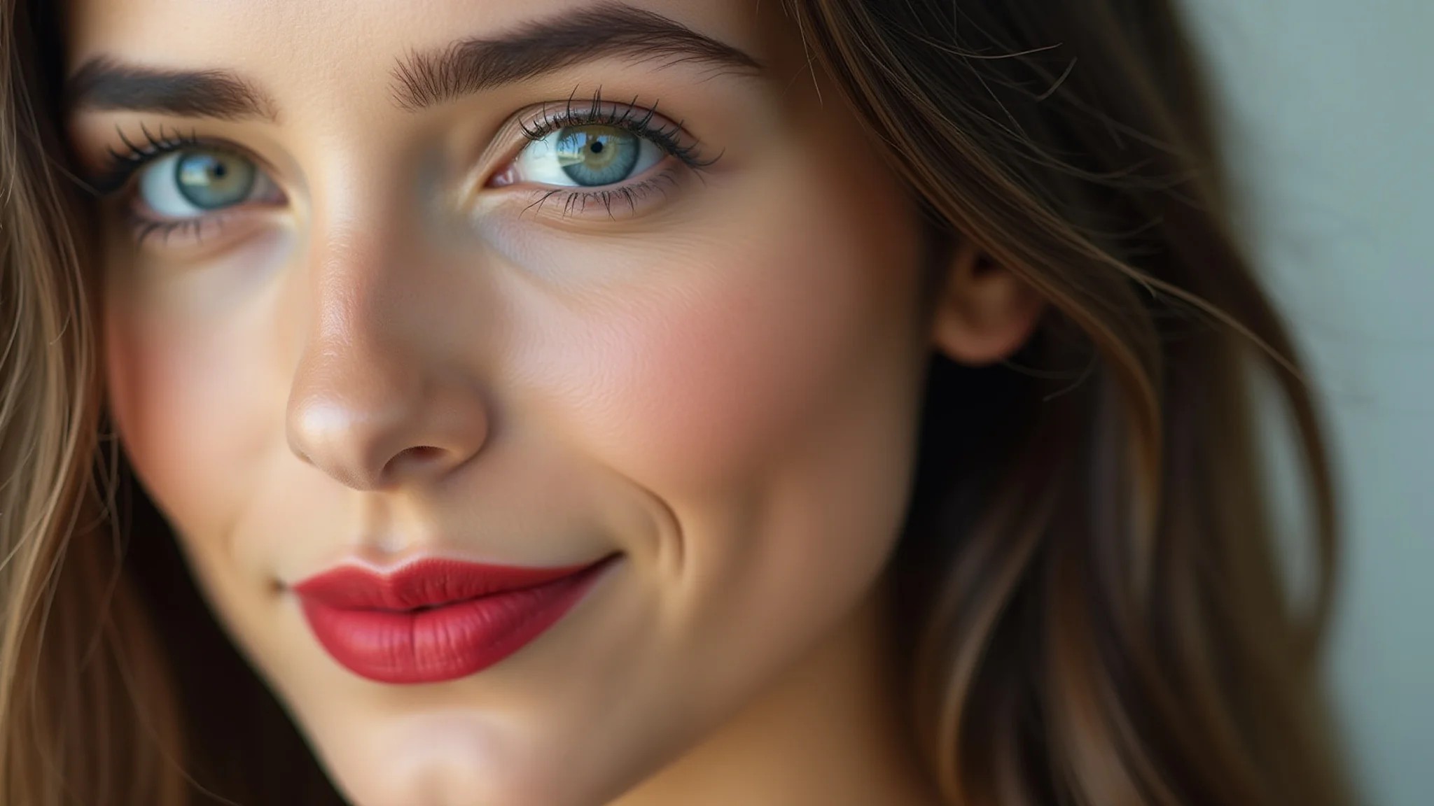 Close up de mulher jovem brasileira com batom vermelho e maquiagem leve.